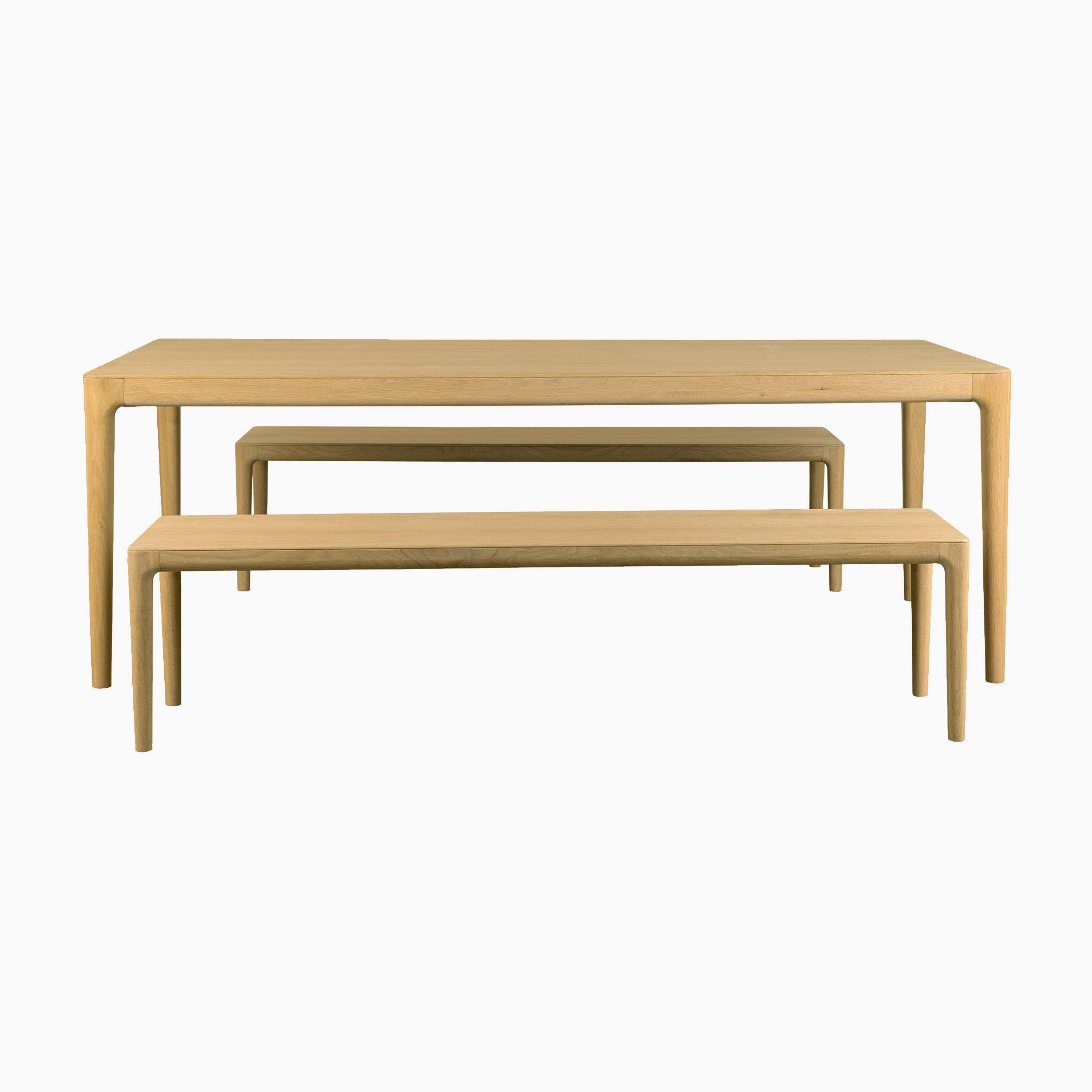 The Marlow 8 Seat Dining Set with Wooden Benches in Light Oak offers a minimalist dining table and two benches with smooth, rounded edges—combining timeless style and functionality for your space.