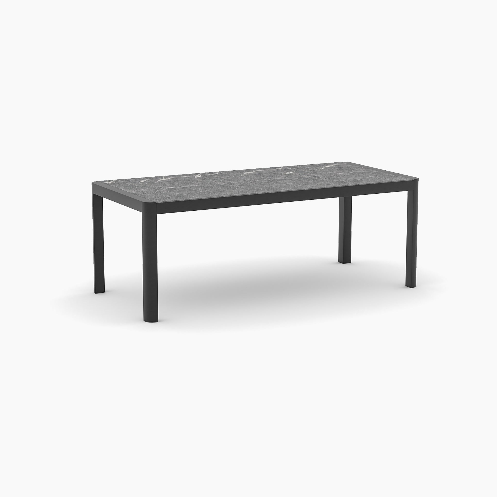 The Ravona 8 Seat Rope Extending Dining Set (207-277cm) in Charcoal, featuring a black metal frame and a dark tabletop, is displayed against a white background.