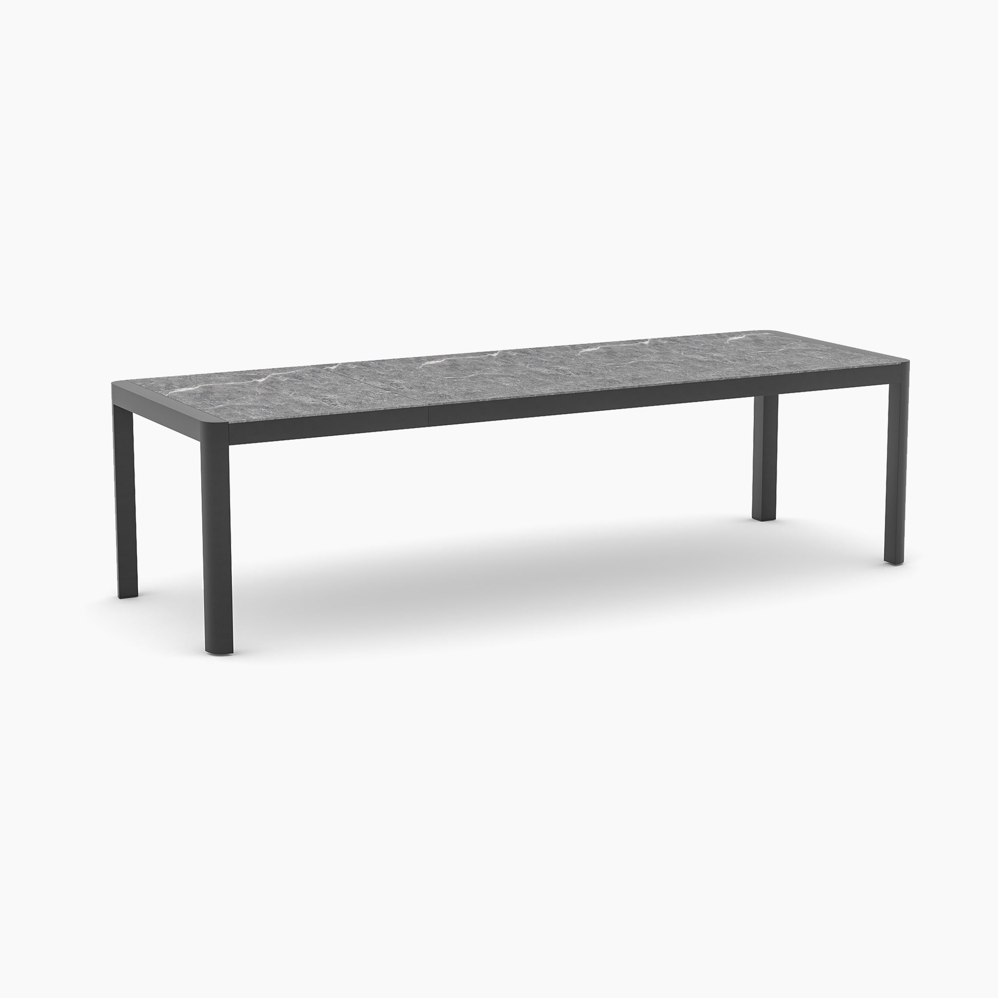 Rectangular bench with a gray stone top and black metal legs, ideal for pairing with the Ravona 6 Seat Rope Extending Dining Set (162-222cm) in Charcoal on a white background.