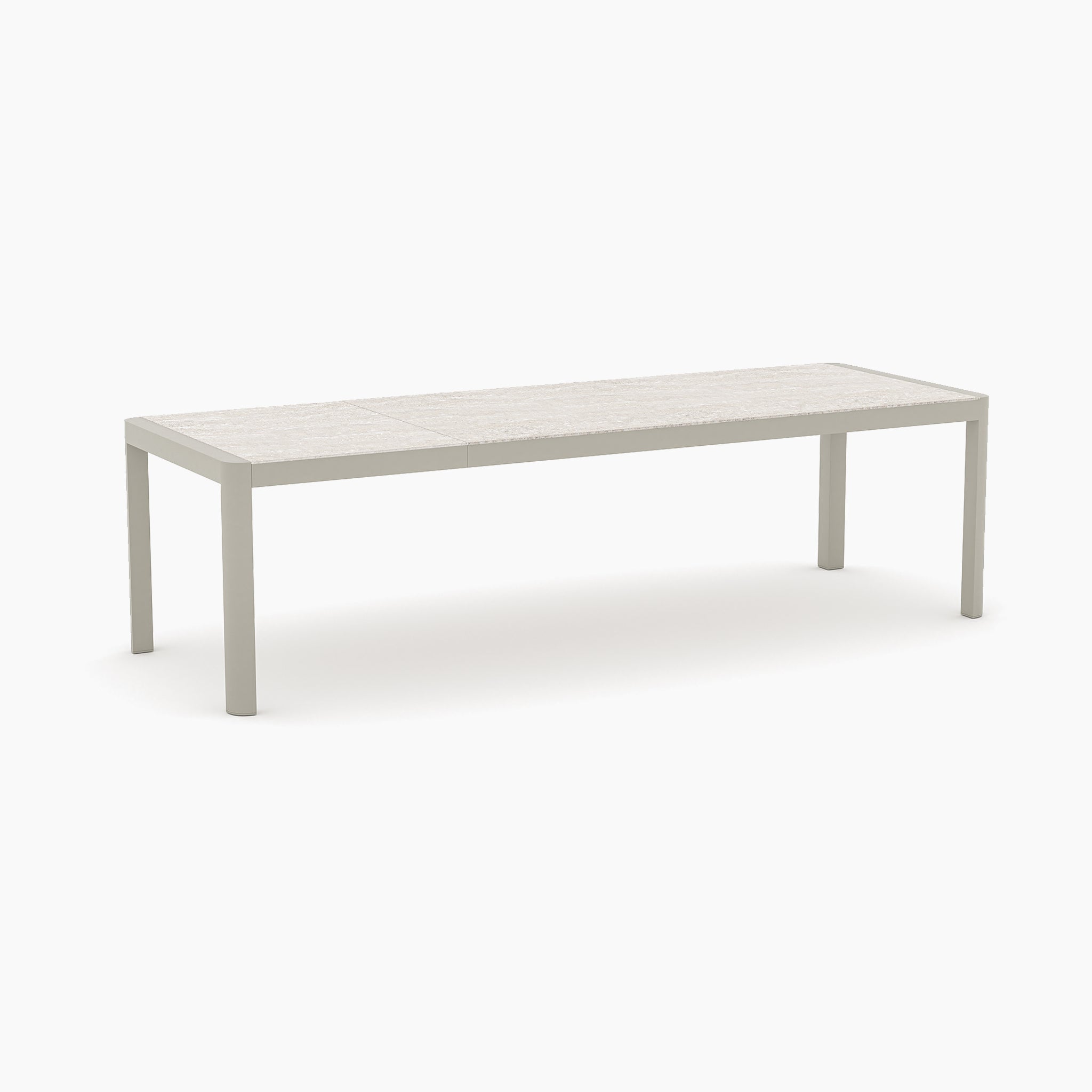 The Ravona 6 Seat Rope Extending Dining Set (162-222cm) in Latte features a modern rectangular table with a light finish, four straight legs, and a sleek aluminium frame—ideal for stylish outdoor dining.