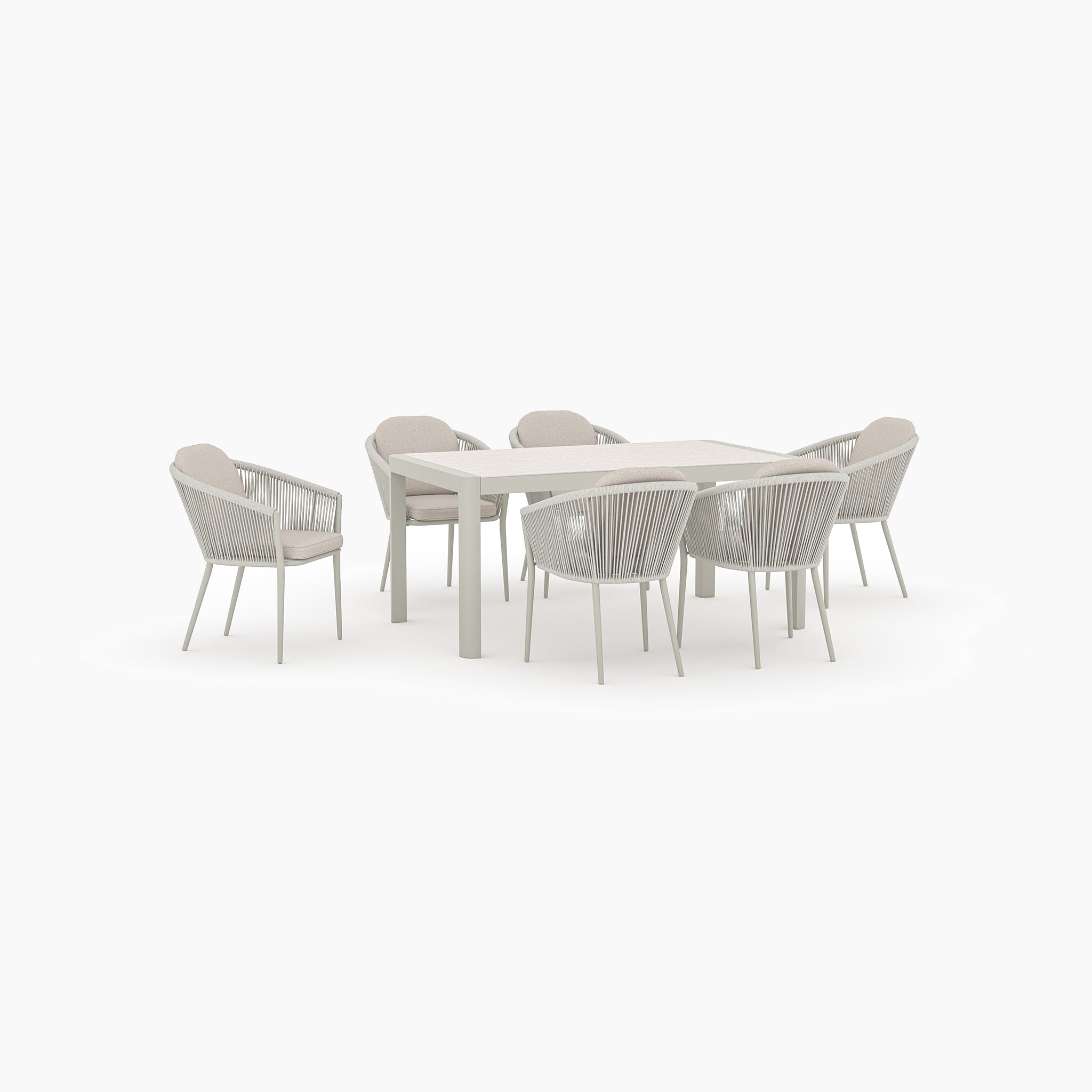 The Ravona 6 Seat Rope Extending Dining Set (162-222cm) in Latte features a rectangular table and six woven-back chairs in light neutral tones with a durable aluminium frame.