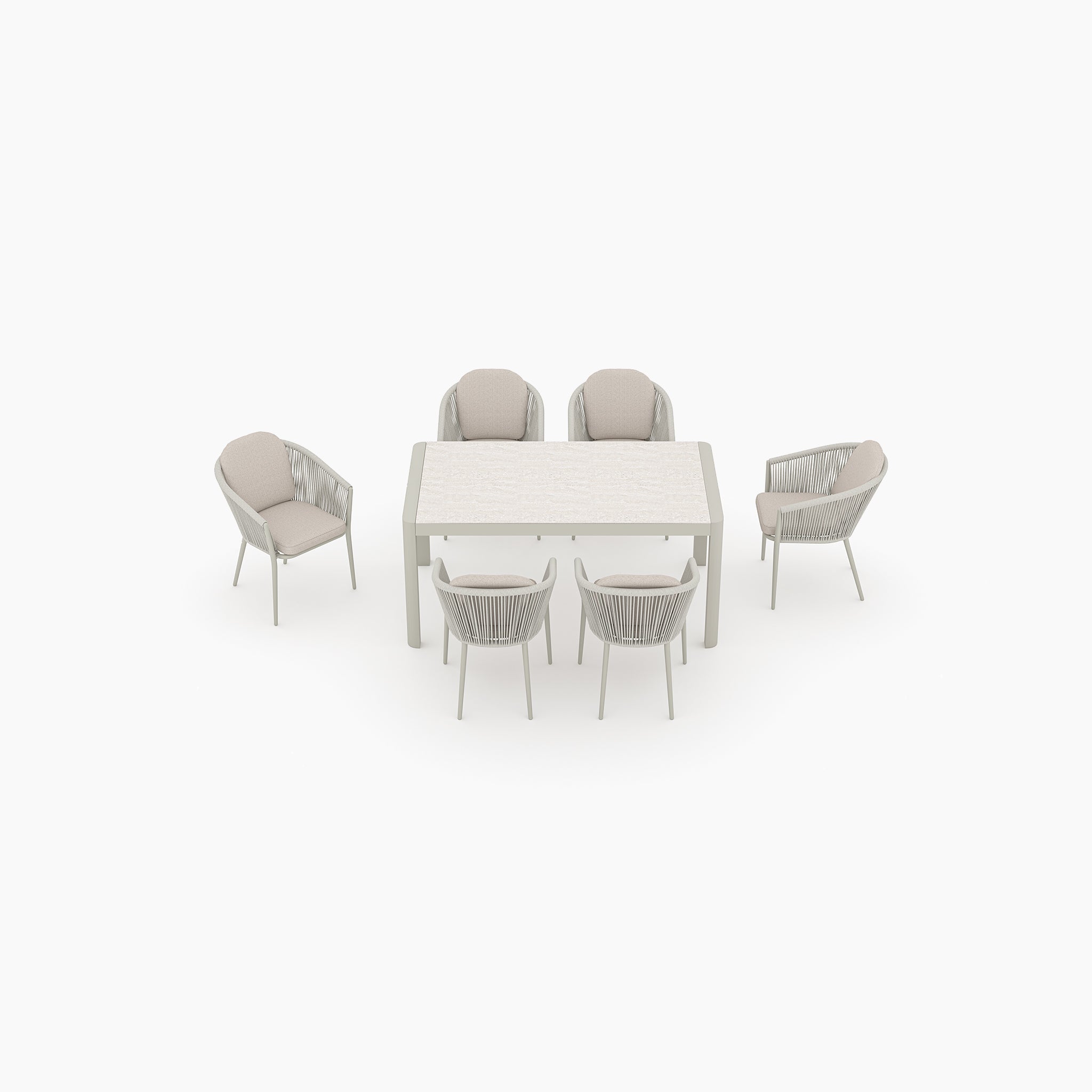 Six cushioned chairs surround the Ravona 6 Seat Rope Extending Dining Set (162-222cm) in Latte, featuring an aluminium frame and square design, ideal as an outdoor dining set and displayed on a white background.