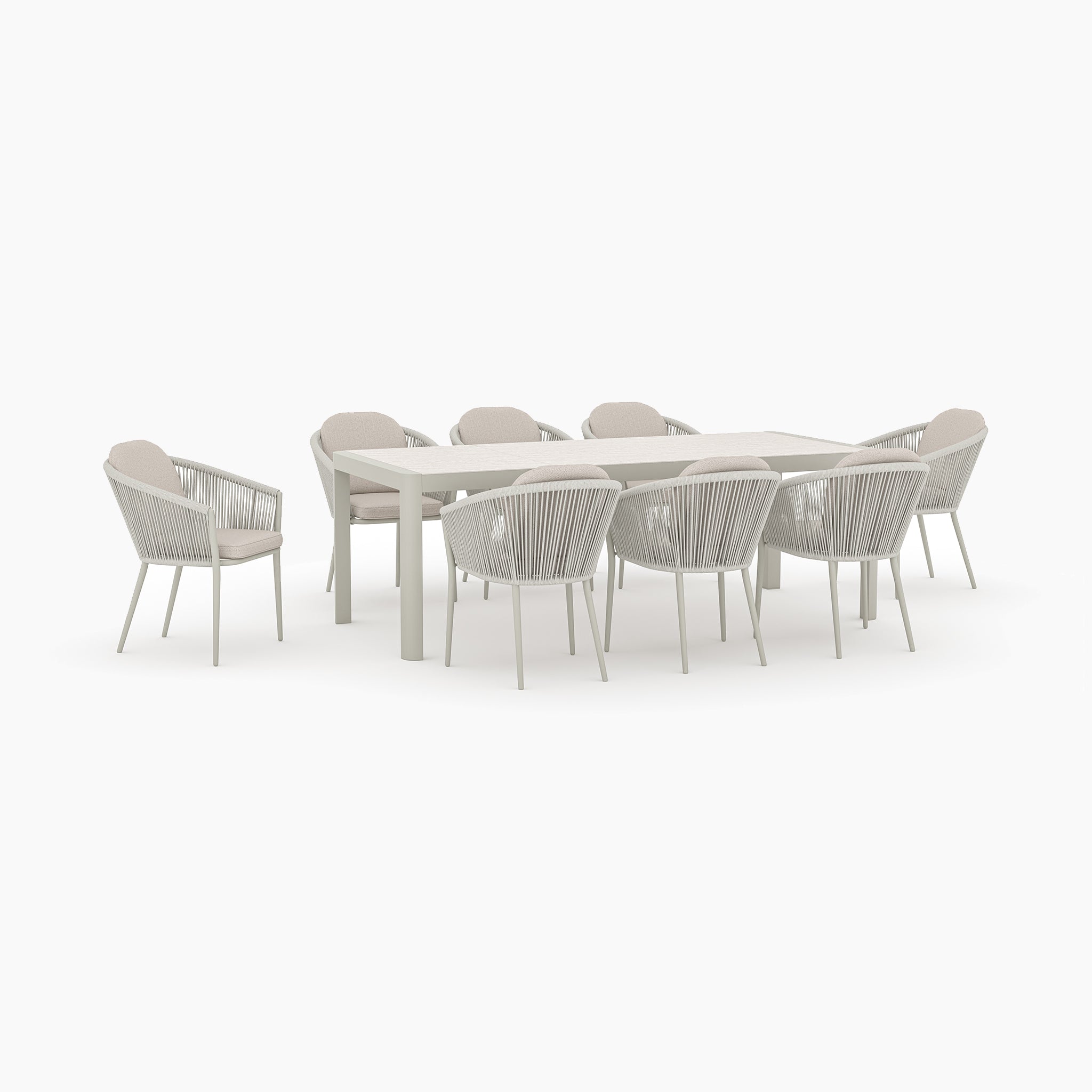 The Ravona 8 Seat Rope Extending Dining Set (162-222cm) in Latte features modern rope detailing, matching chairs, light cushions, and a rectangular design—ideal garden furniture for stylish outdoor dining.