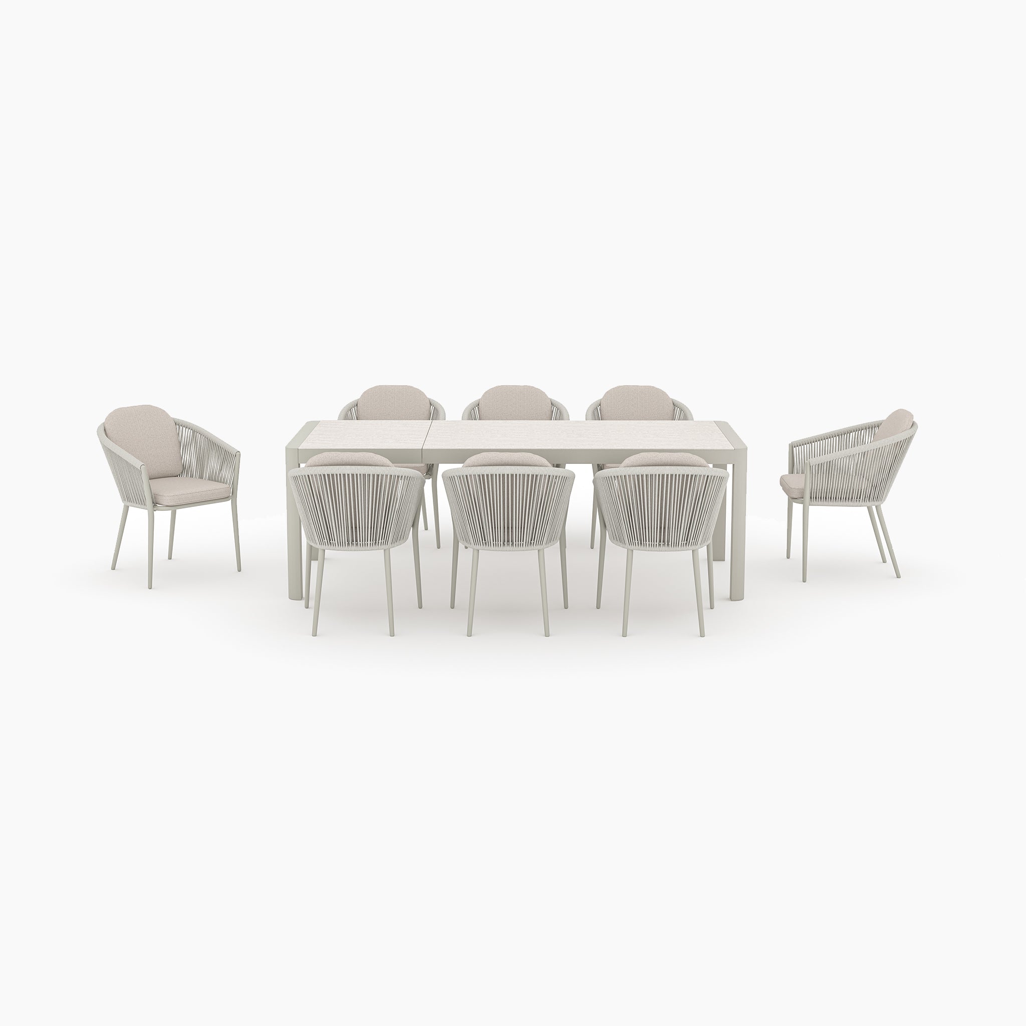 The Ravona 8 Seat Rope Extending Dining Set (162-222cm) in Latte features a modern extendable table and eight light chairs, ideal for stylish alfresco gatherings against a white background.