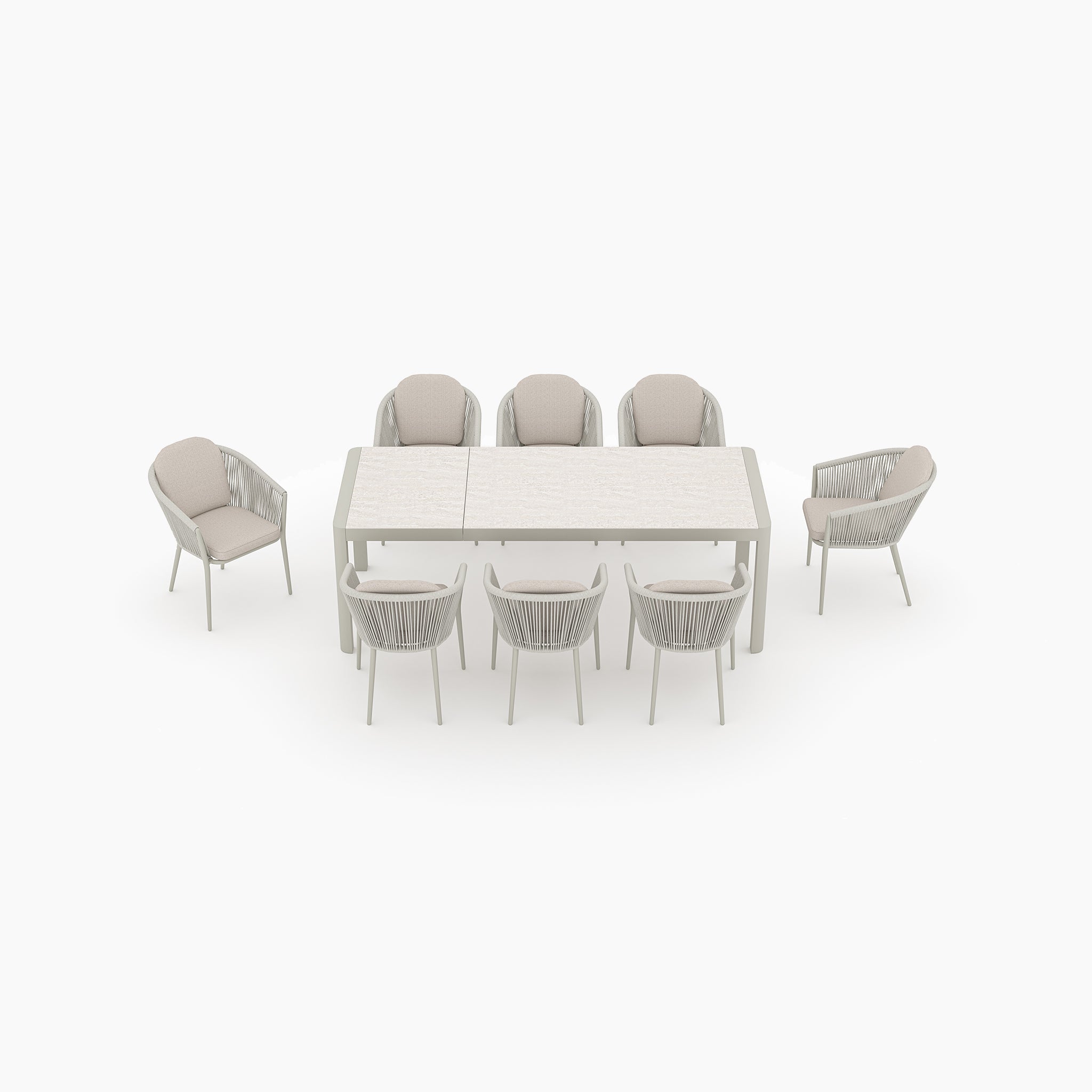 The Ravona 8 Seat Rope Extending Dining Set (162-222cm) in Latte features cushioned chairs around a rectangular extendable outdoor dining table, perfect for your garden.