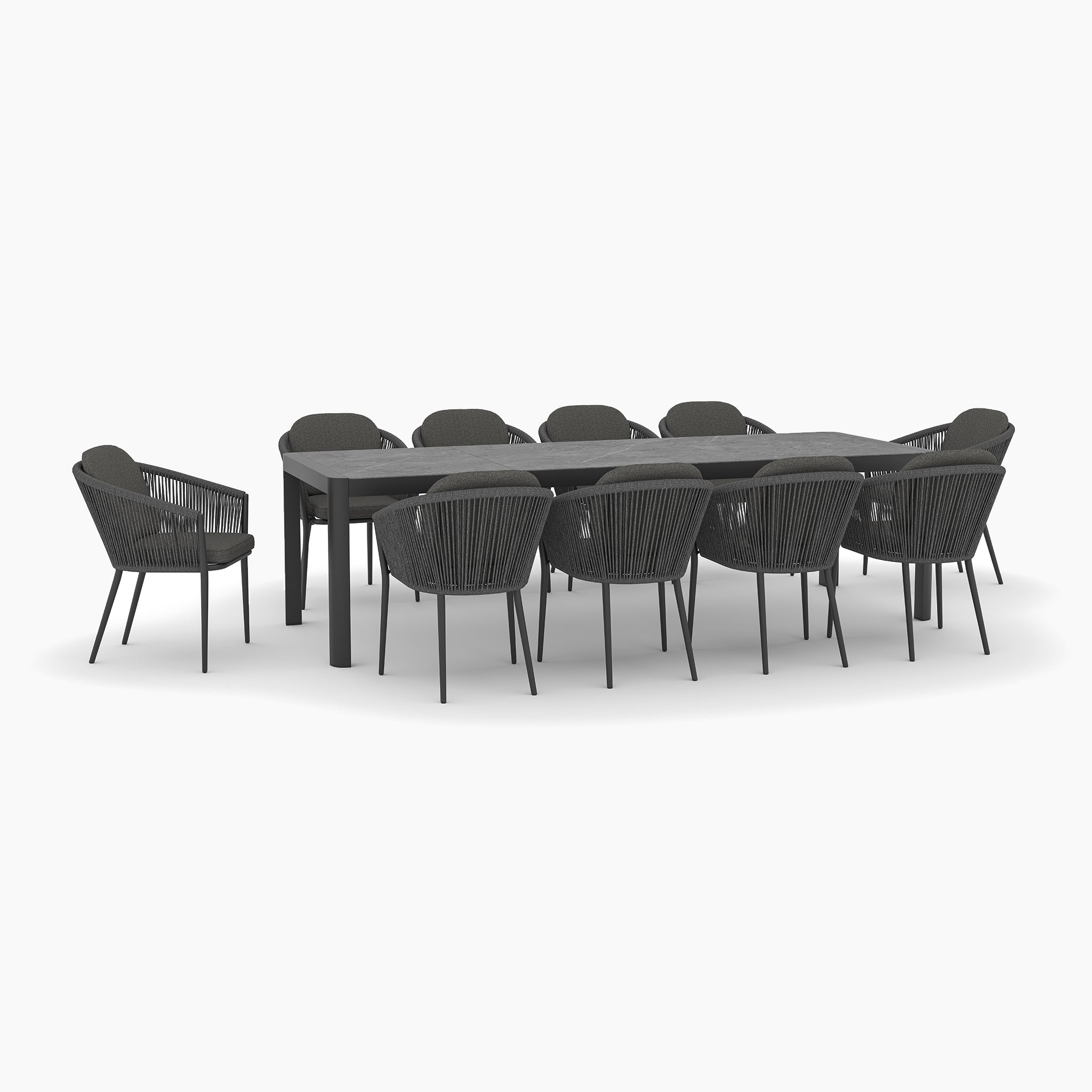 The Ravona 10 Seat Rope Extending Dining Set (207-277cm) in Charcoal features a rectangular table with ten matching black chairs, making it a stylish choice for gatherings.