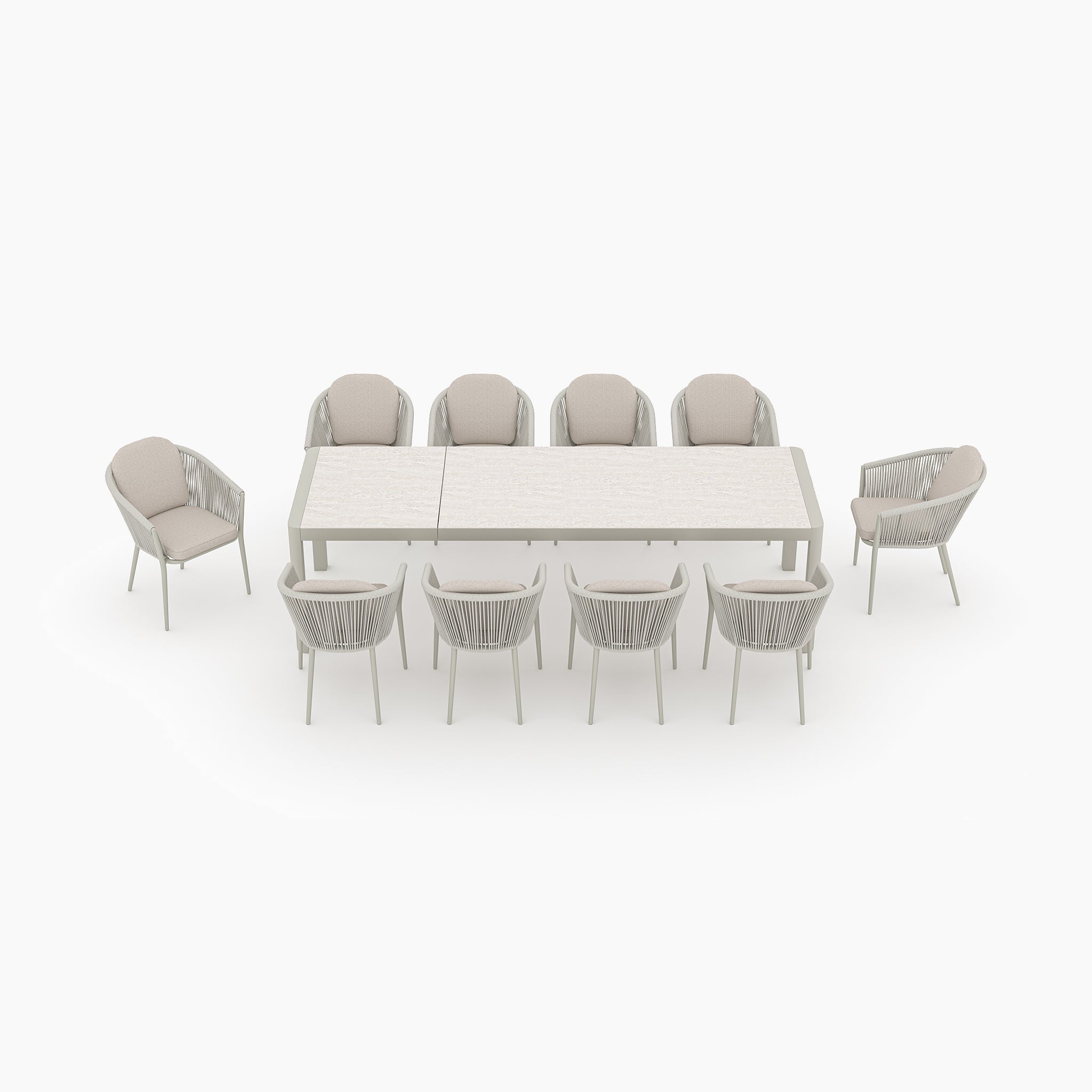 The Ravona 10 Seat Rope Extending Dining Set (207-277cm) in Latte features ten cushioned chairs in light neutral tones, perfect for spacious dining, and is displayed on a white background.