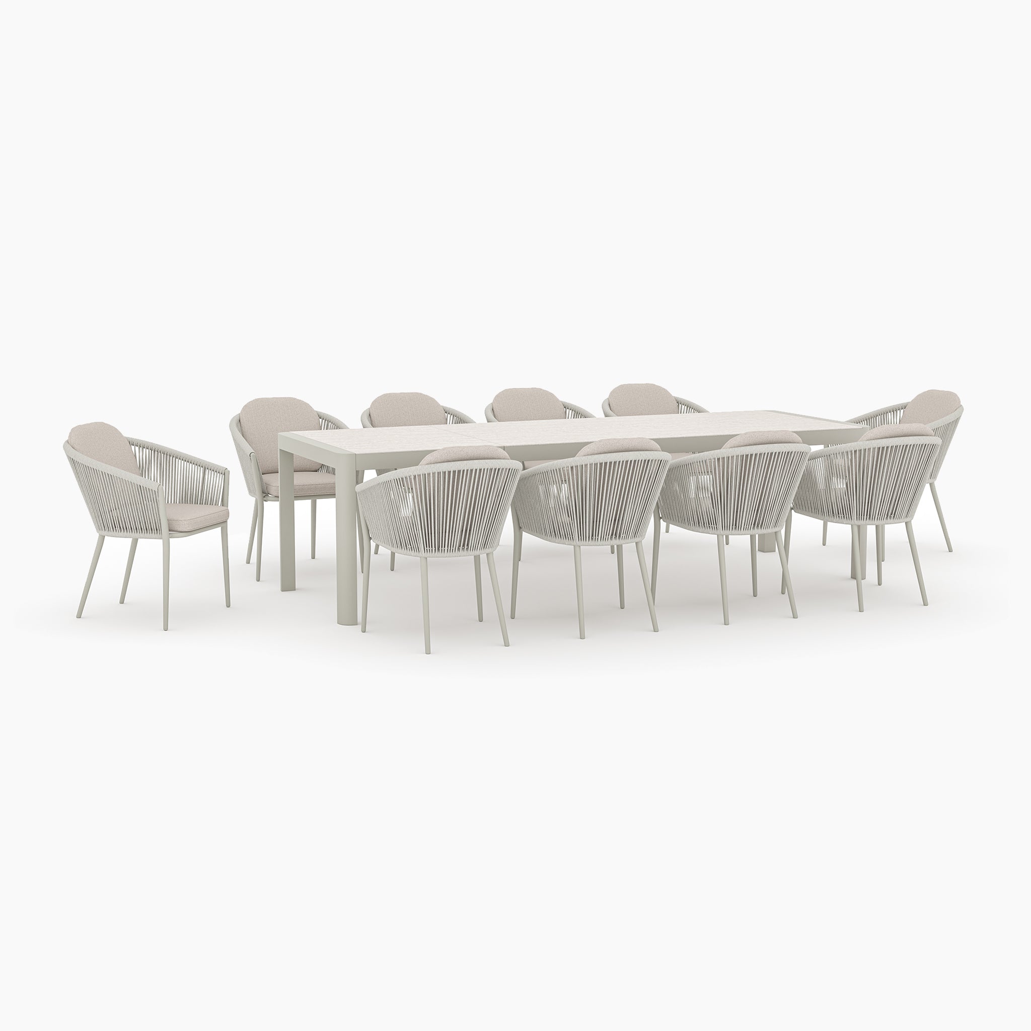 Modern latte Ravona 10 Seat Rope Extending Dining Set (207-277cm) with matching armchairs, elegantly arranged on a white background.