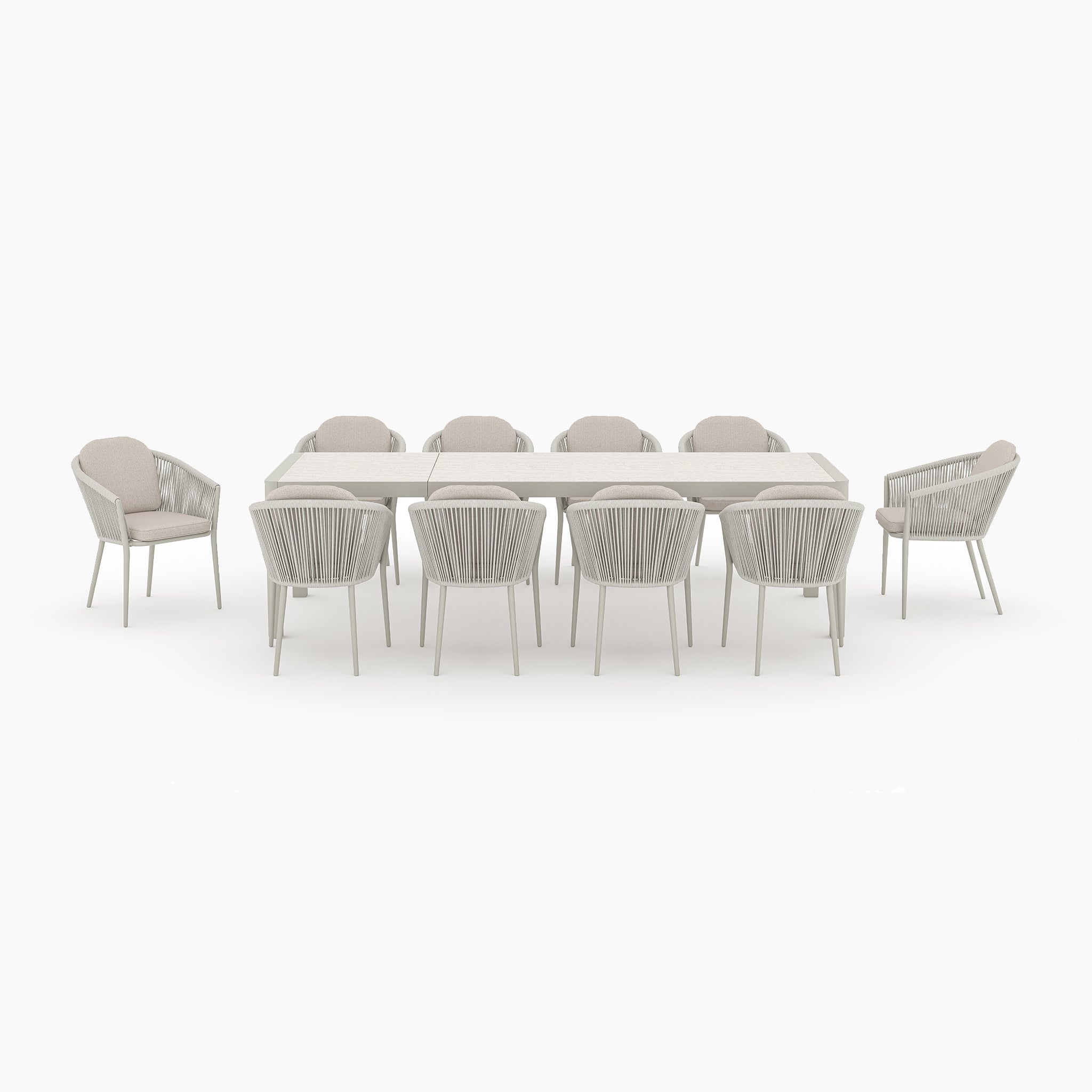 The Ravona 10 Seat Rope Extending Dining Set (207-277cm) in Latte showcases a rectangular table with ten cushioned chairs, all arranged on a plain white background.
