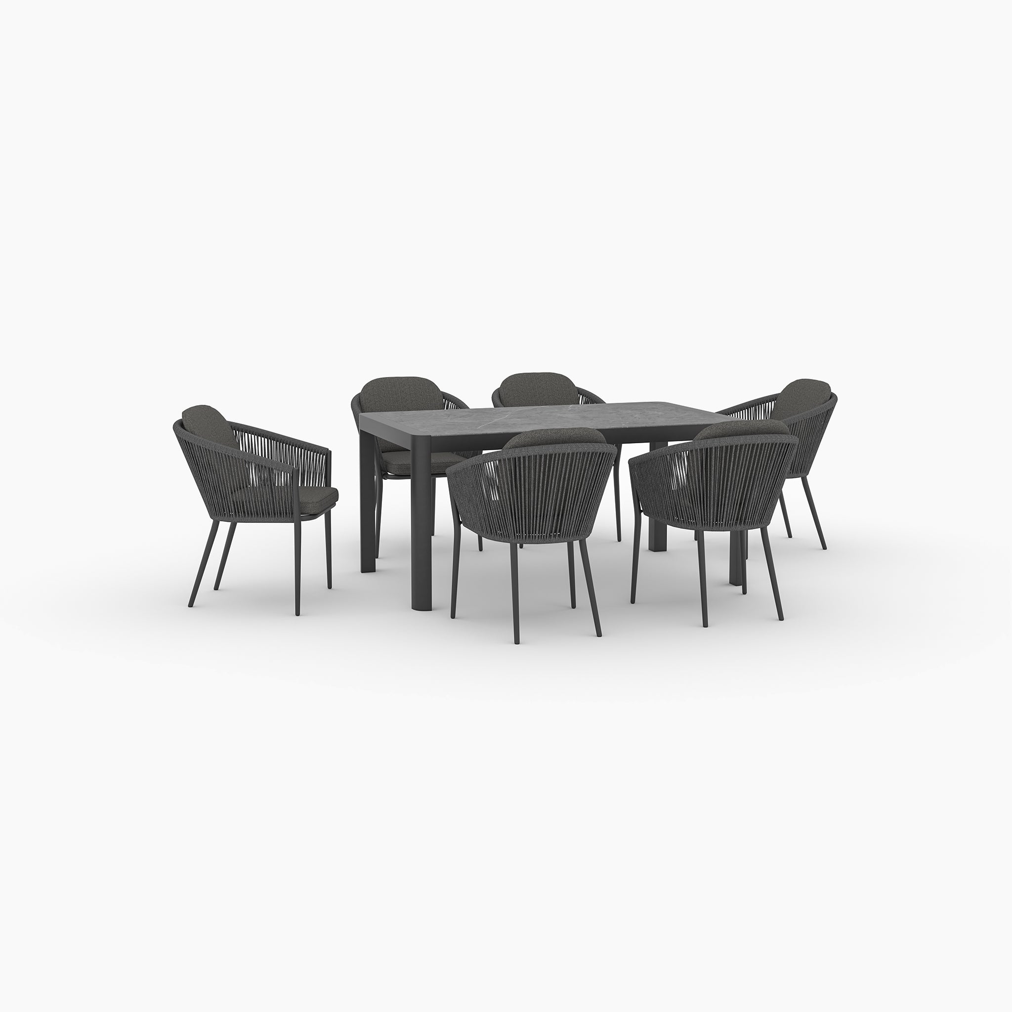 Six dark rope-back chairs surround the Ravona 6 Seat Rope Extending Dining Set (162-222cm) in Charcoal, offering a stylish, expandable option for outdoor gatherings on a white background.