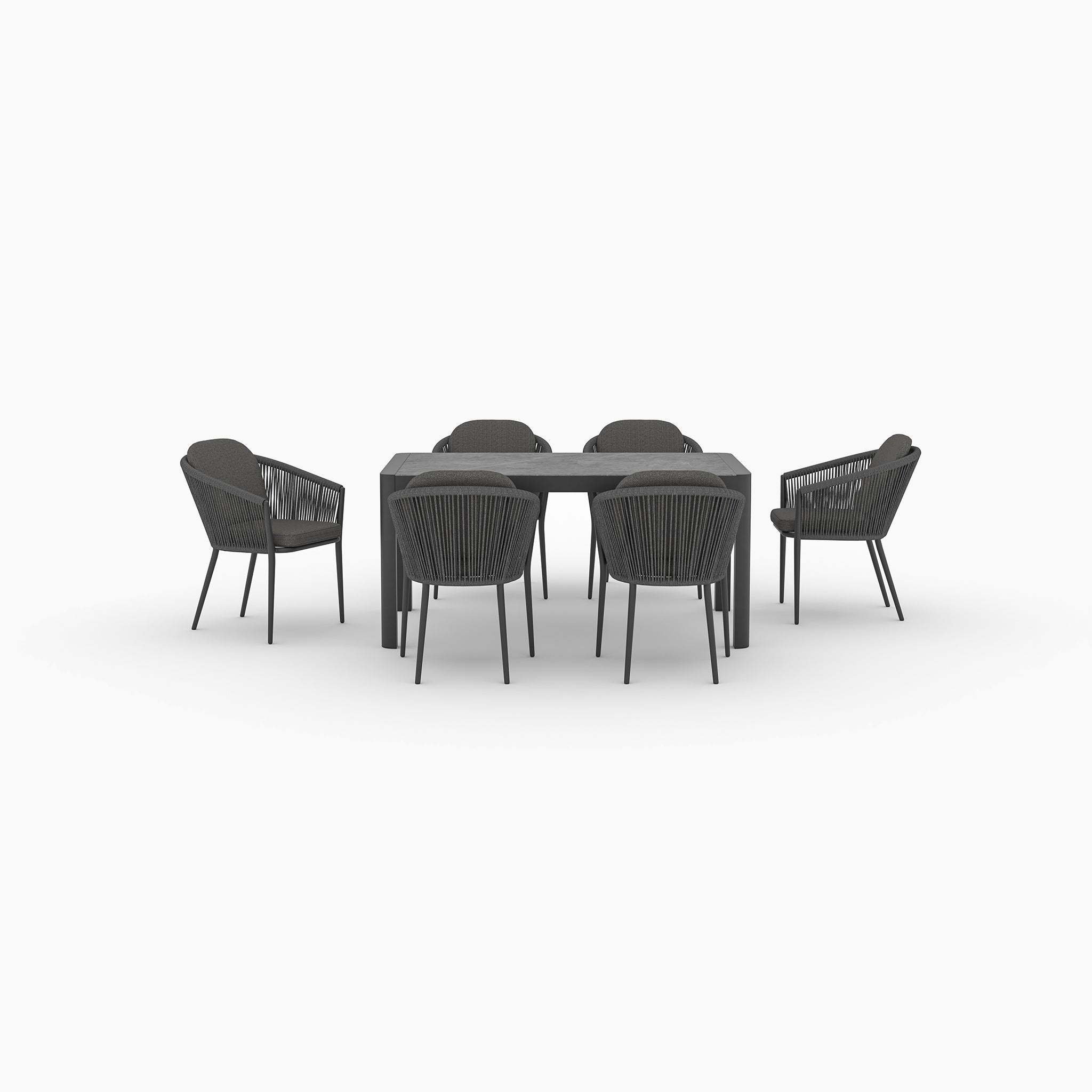 The Ravona 6 Seat Rope Extending Dining Set (162-222cm) in Charcoal features a sleek black table and six matching chairs, all stylishly displayed against a white background.