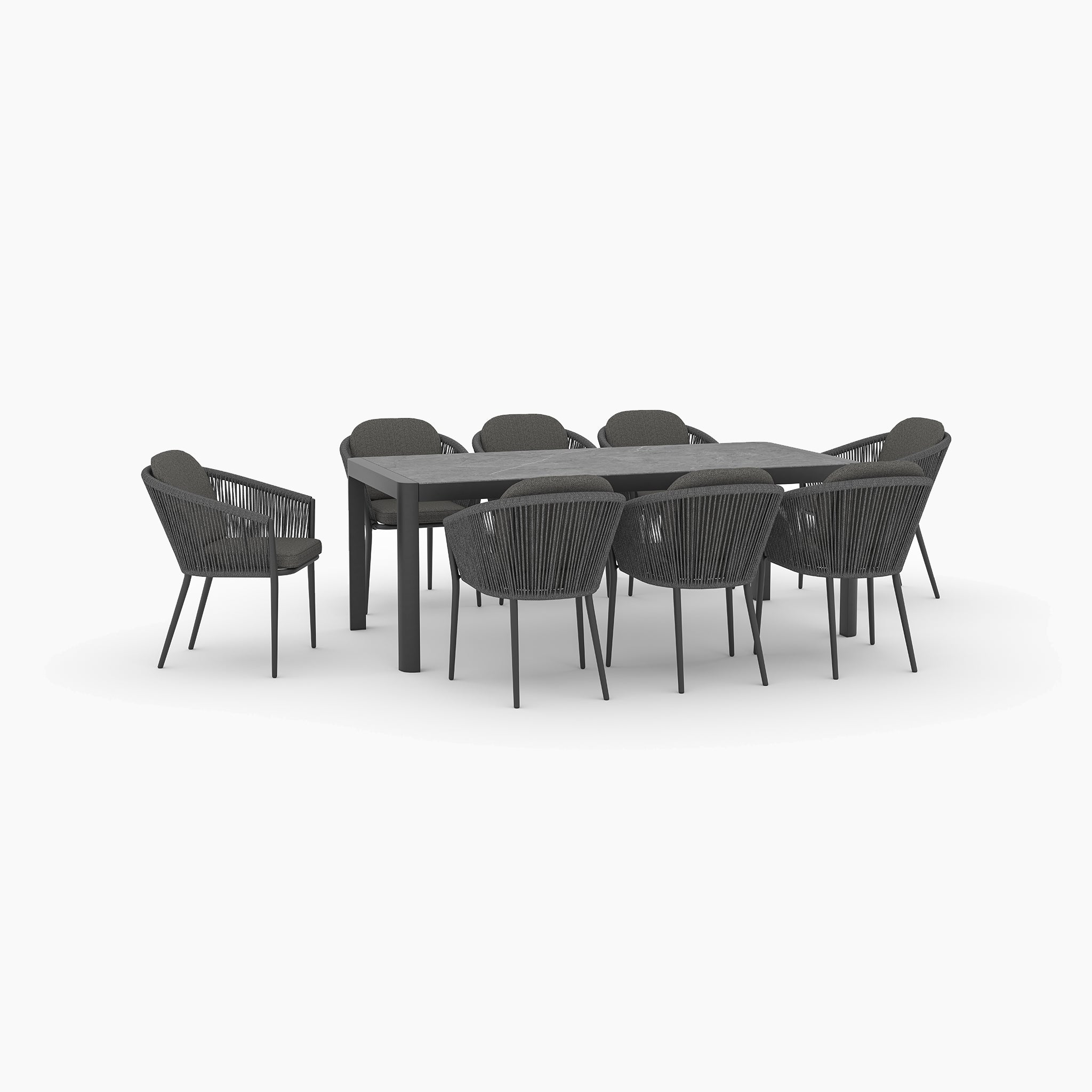 The Ravona 8 Seat Rope Extending Dining Set (162-222cm) in Charcoal features a rectangular extendable table and eight matching chairs, ideal for outdoor dining on any patio or garden.