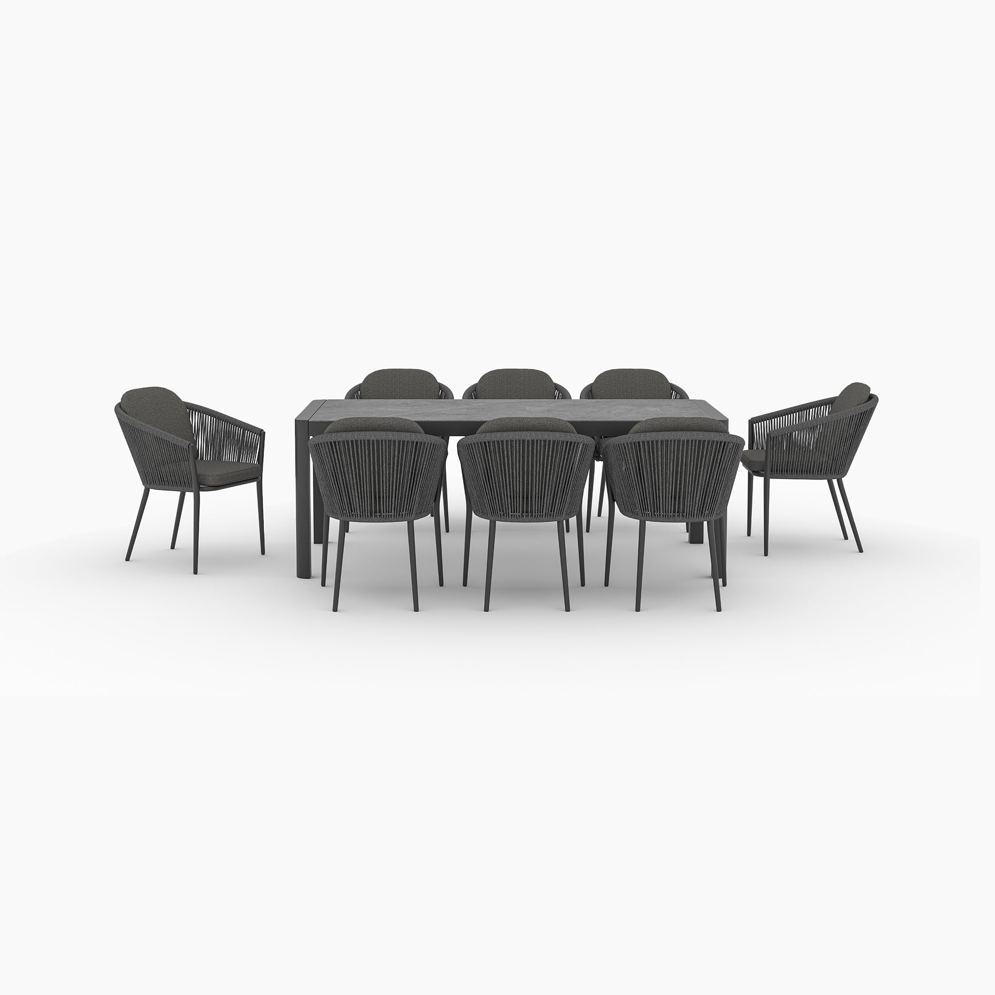The Ravona 8 Seat Rope Extending Dining Set (162-222cm) in Charcoal features a rectangular, extendable table and eight black woven chairs—modern, stylish, and ideal for outdoor dining on a white background.