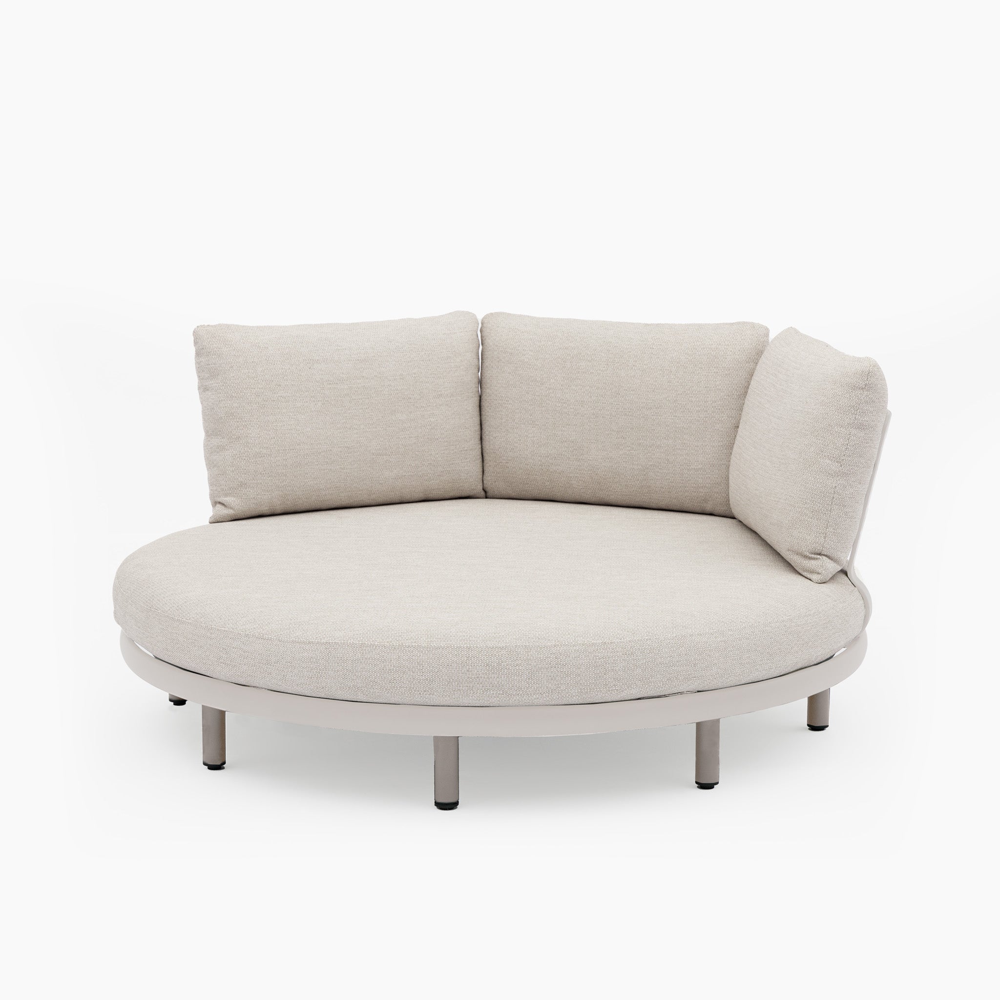 Introducing the Selene Daybed in Fawn: a round, beige sofa with a semi-circular backrest and black legs on a white background. Made from weather-resistant aluminum, it combines elegance and durability, ideal for any outdoor setting.