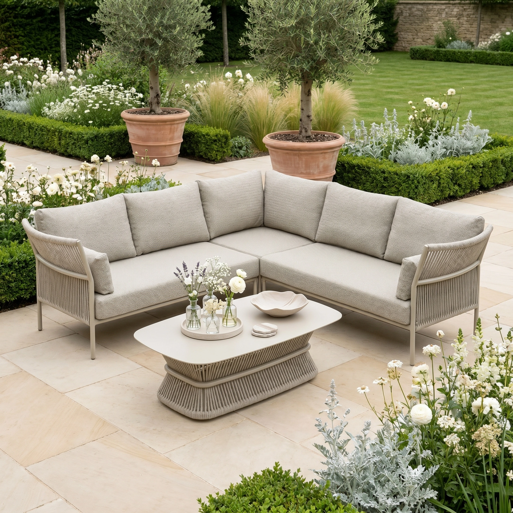 The Salina Corner Group Set with Aluminium Table in Latte sits on a stone patio, surrounded by a lush green garden and potted plants.