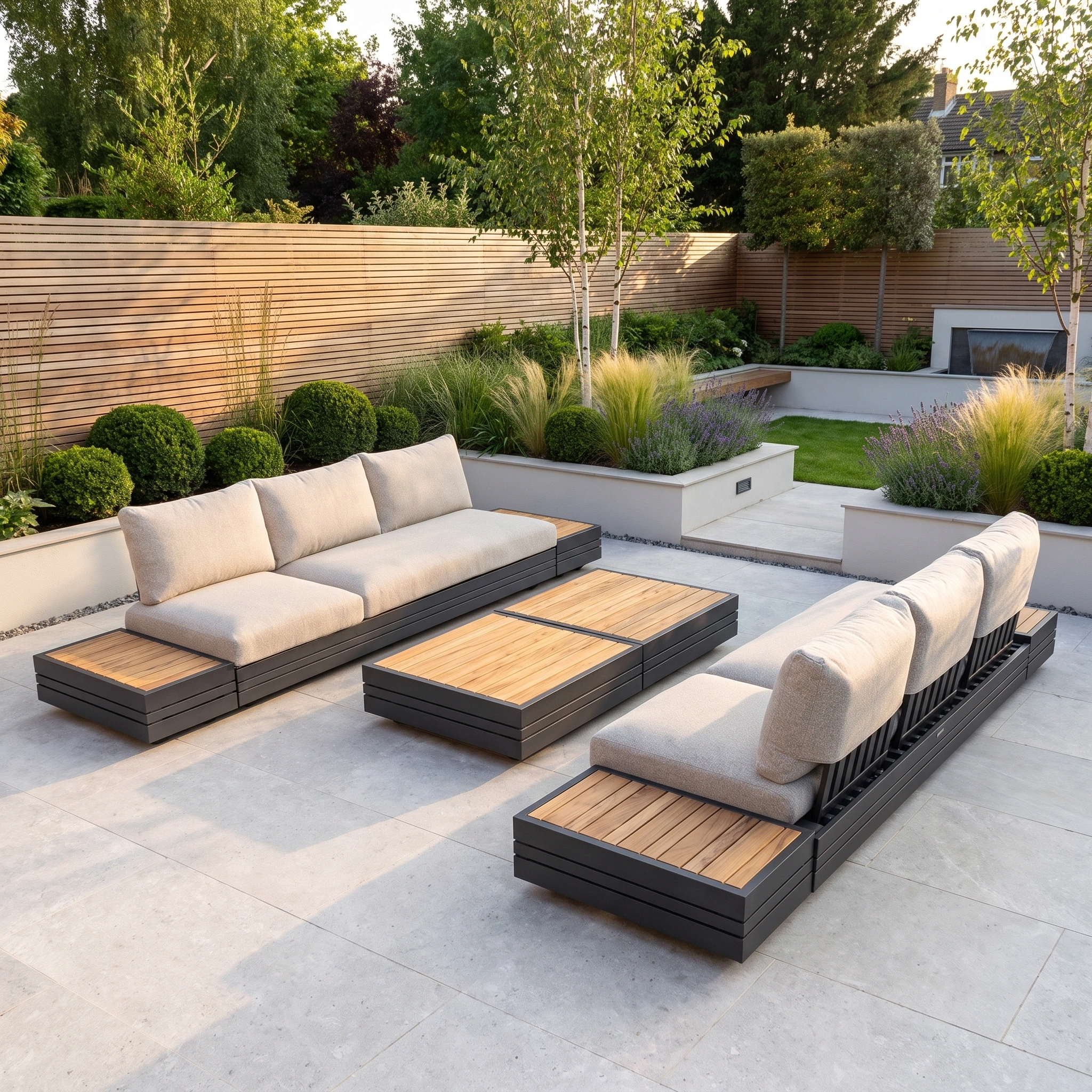 Modern patio featuring the Savona 6 Seat Sofa Set with Panama Coffee and Side Tables in Truffle, showcasing aluminium construction with wooden accents and beige cushions, complemented by lush plants and a privacy fence in a sunny backyard.