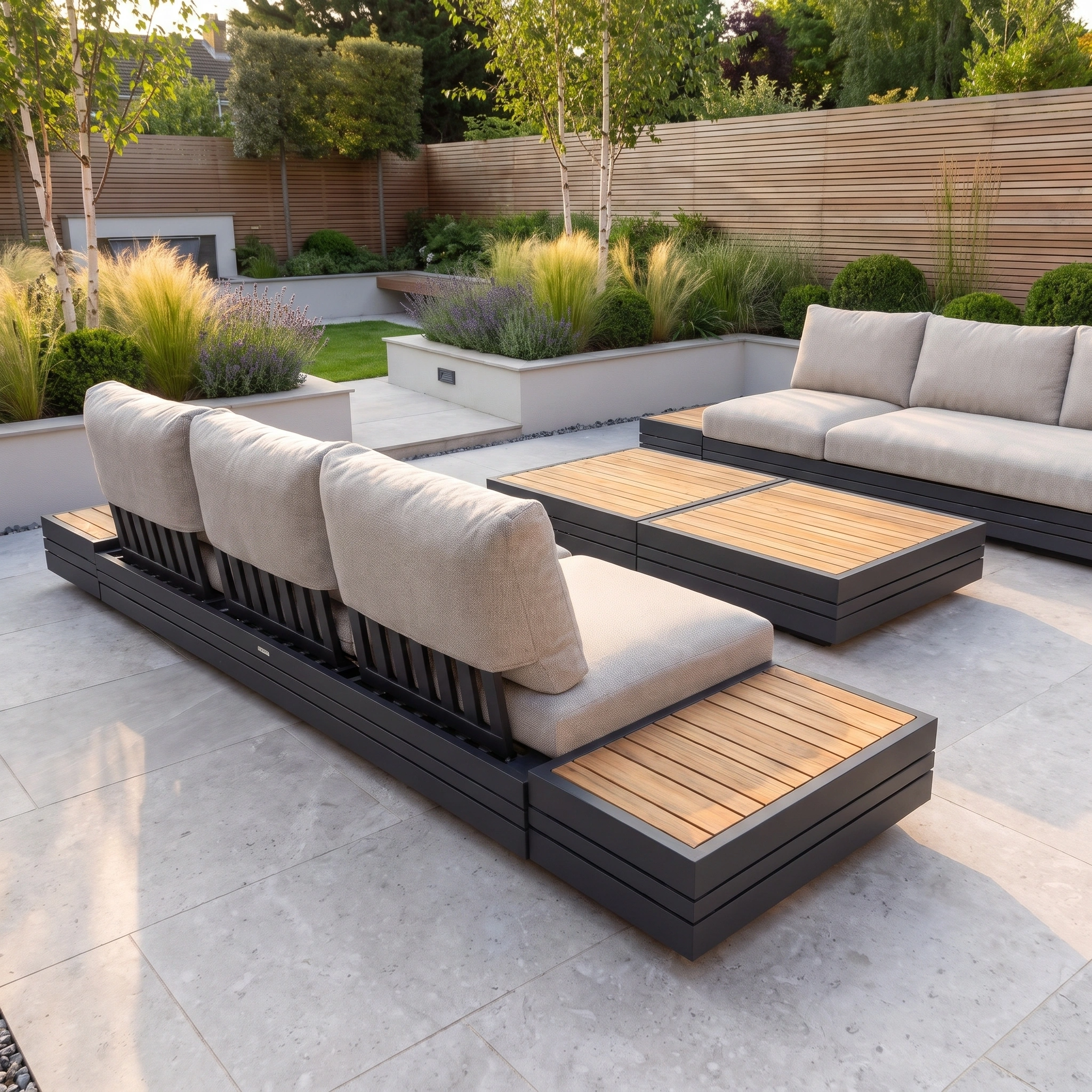 A modern outdoor patio with wooden furniture, beige cushions, and lush greenery in a landscaped garden, featuring the Savona 6 Seat Sofa Set with Panama Coffee and Side Tables in Truffle for stylish and UV-resistant garden furniture.