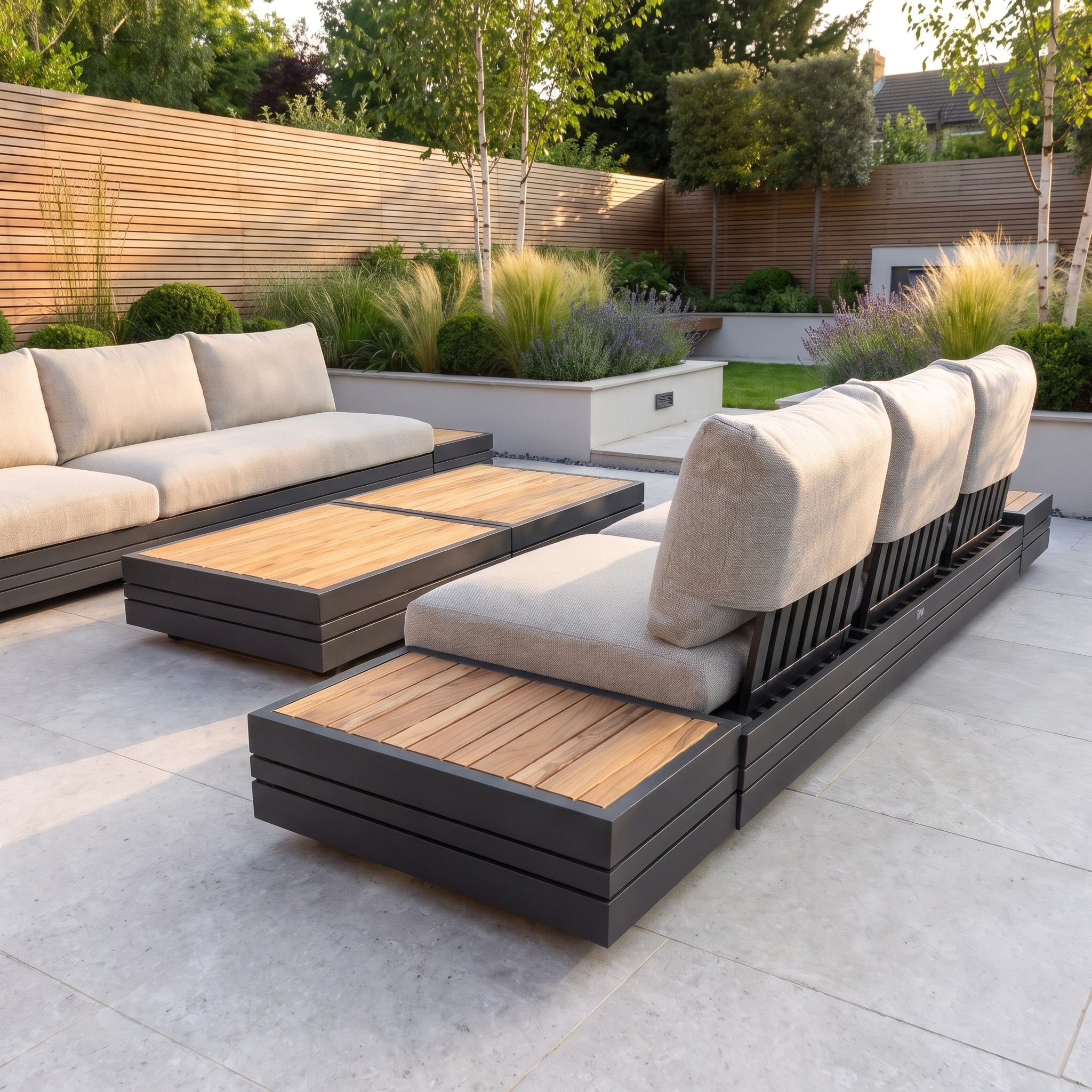 A modern patio featuring the Savona 6 Seat Sofa Set with Panama Coffee and Side Tables in Truffle, complete with UV-resistant beige cushioned sofas, teak coffee tables, gray tiles, and a landscaped garden in the background.