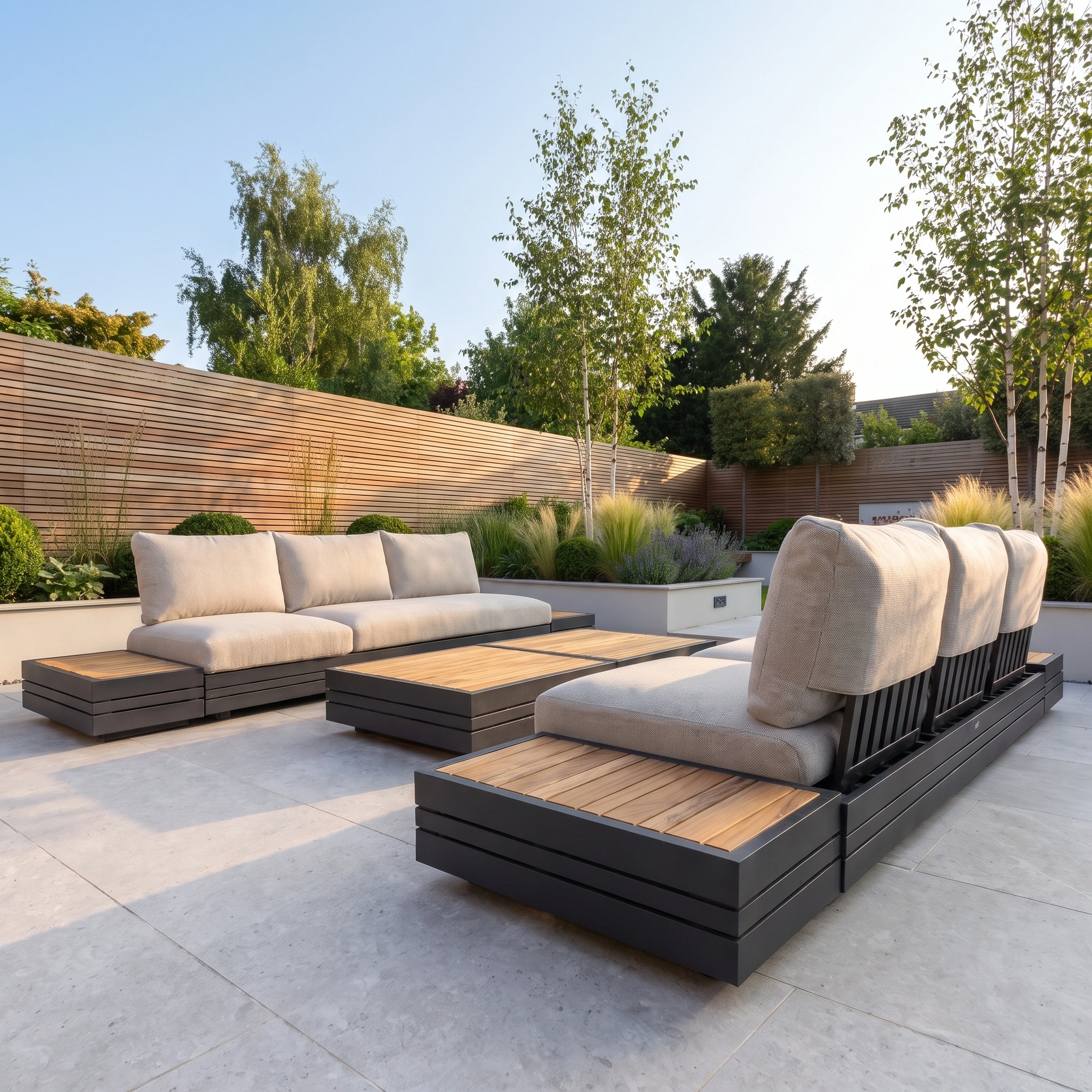 A modern outdoor patio showcases the Savona 6 Seat Sofa Set with Panama Coffee and Side Tables in Truffle, offering cushioned seating and complemented by lush green plants on a sunny day. This aluminium outdoor sofa set features UV-resistant garden furniture, ensuring lasting comfort and style in any weather.