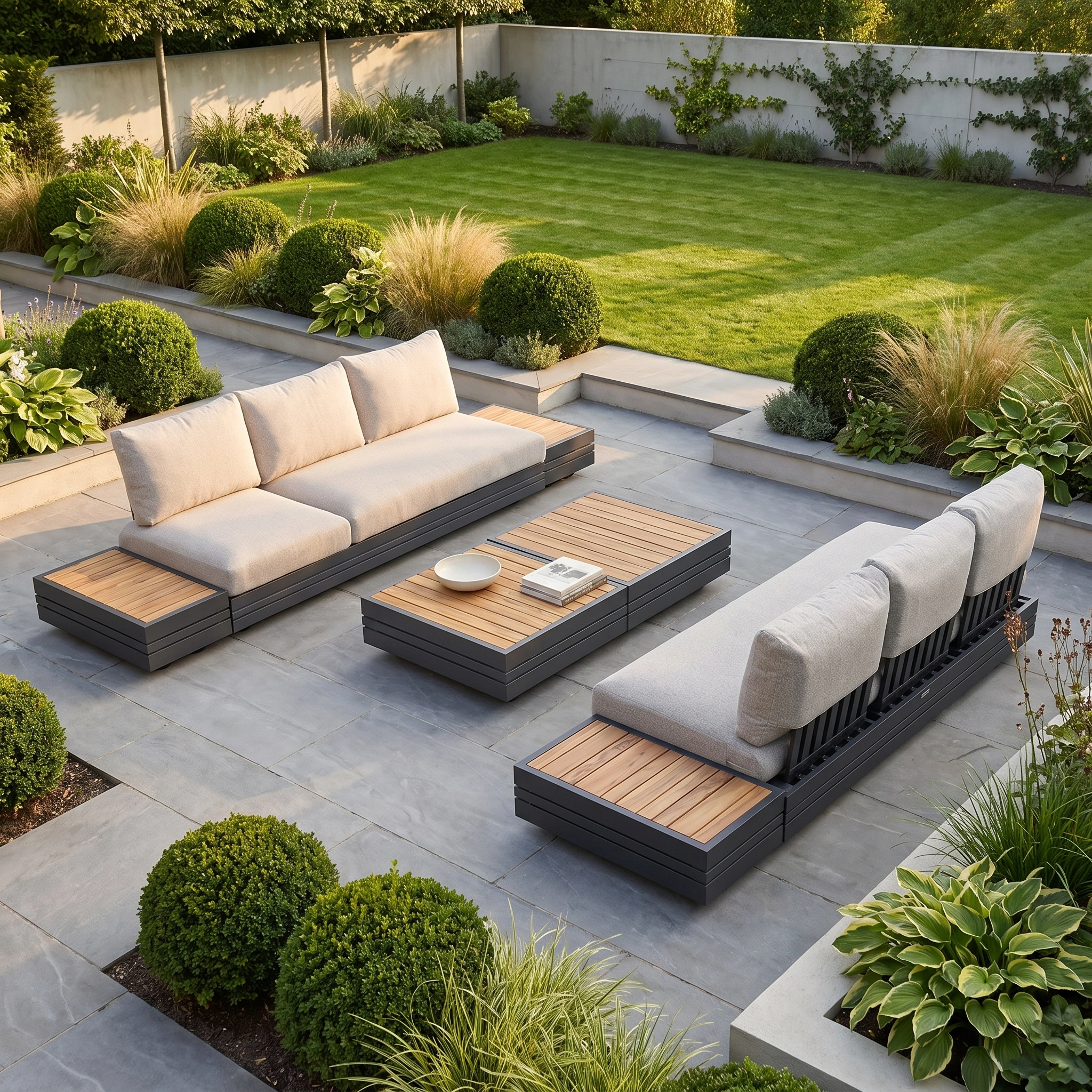 A modern patio with the Savona 6 Seat Sofa Set featuring two beige aluminium sofas and Panama teak coffee and side tables in Truffle, set against a lush green landscaped garden backdrop.