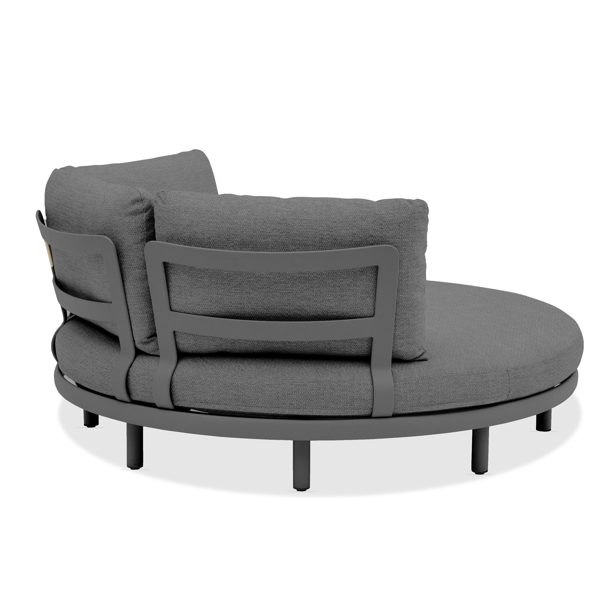 The Selene Daybed in Charcoal features a round metal frame with thick cushioned seat and backrest, seen from behind—a luxury patio piece designed for durable comfort outdoors.