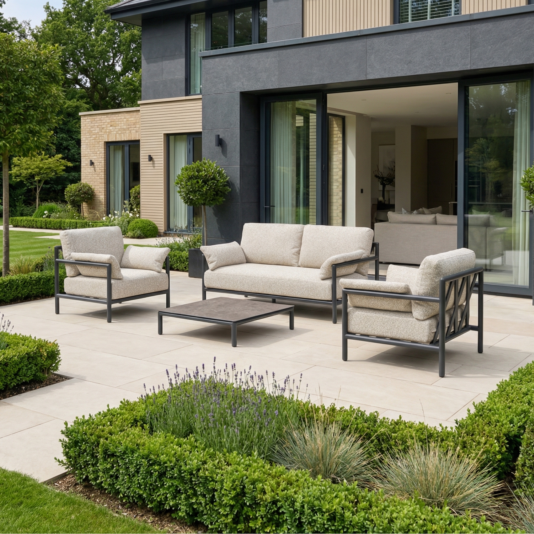 Modern outdoor patio featuring the sophisticated Sorelli 2 Seat Sofa Set in Truffle, beige armchairs, and a coffee table, surrounded by lush, neatly trimmed greenery.