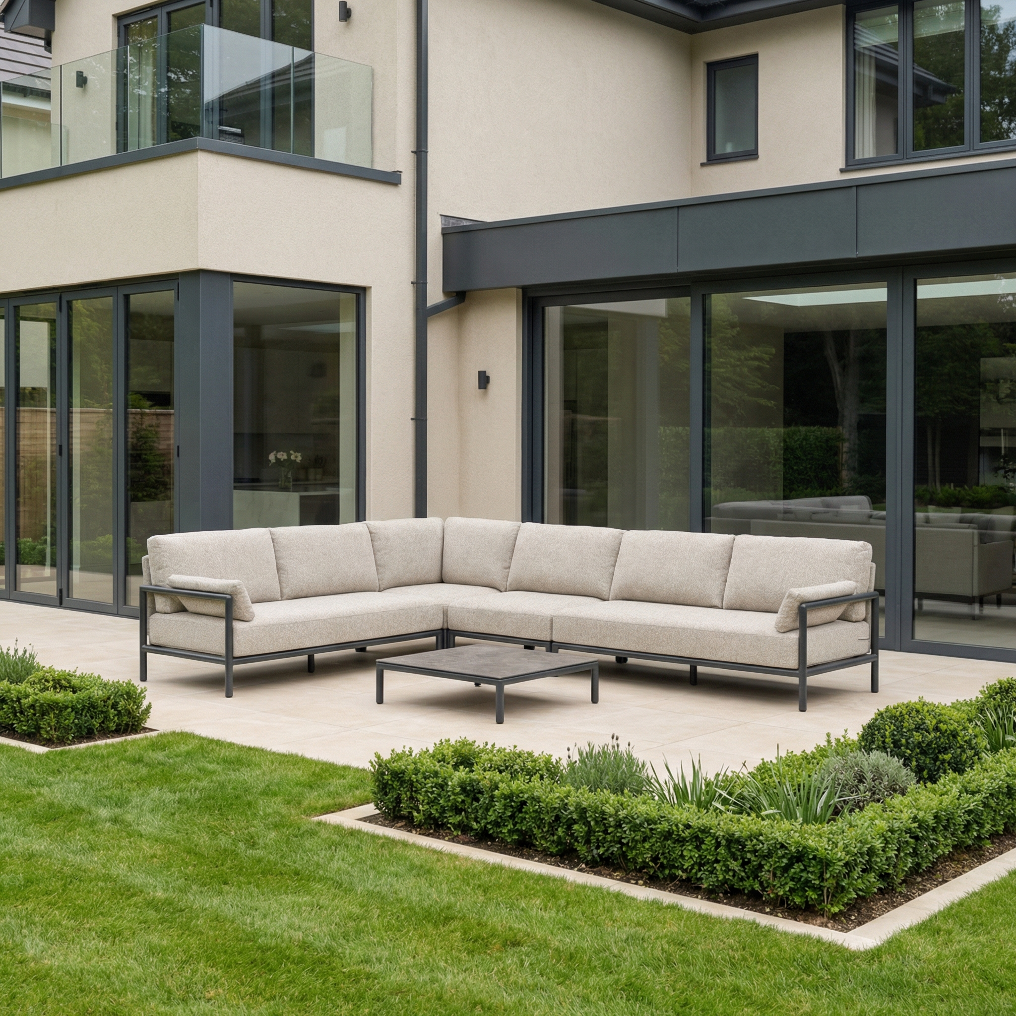 Sorelli Corner Sofa Set in Truffle with a small table on a patio, placed beside a modern house and landscaped garden.