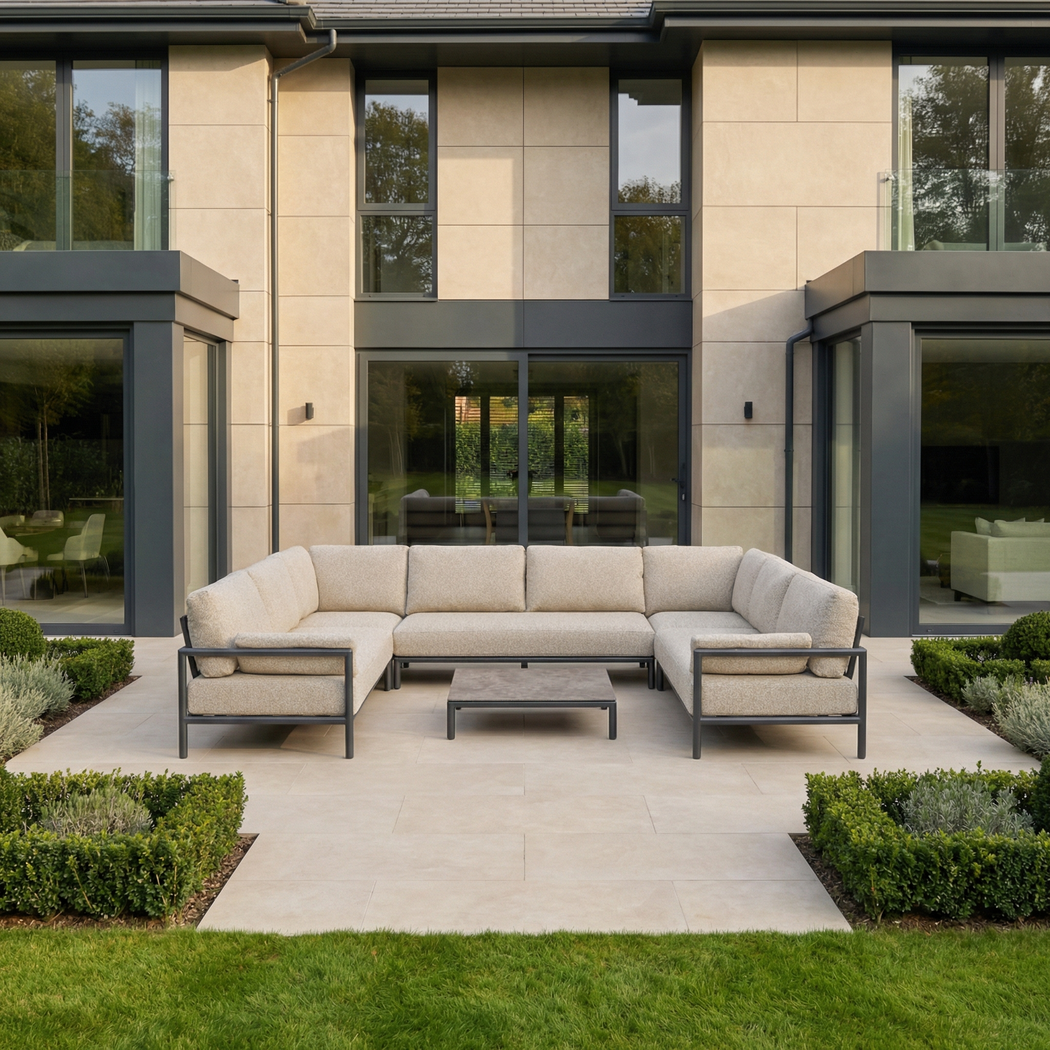 The Sorelli U Shape Corner Sofa Set in Truffle, shown on a tiled patio before a modern house with large windows, is perfect garden furniture for stylish outdoor entertaining.