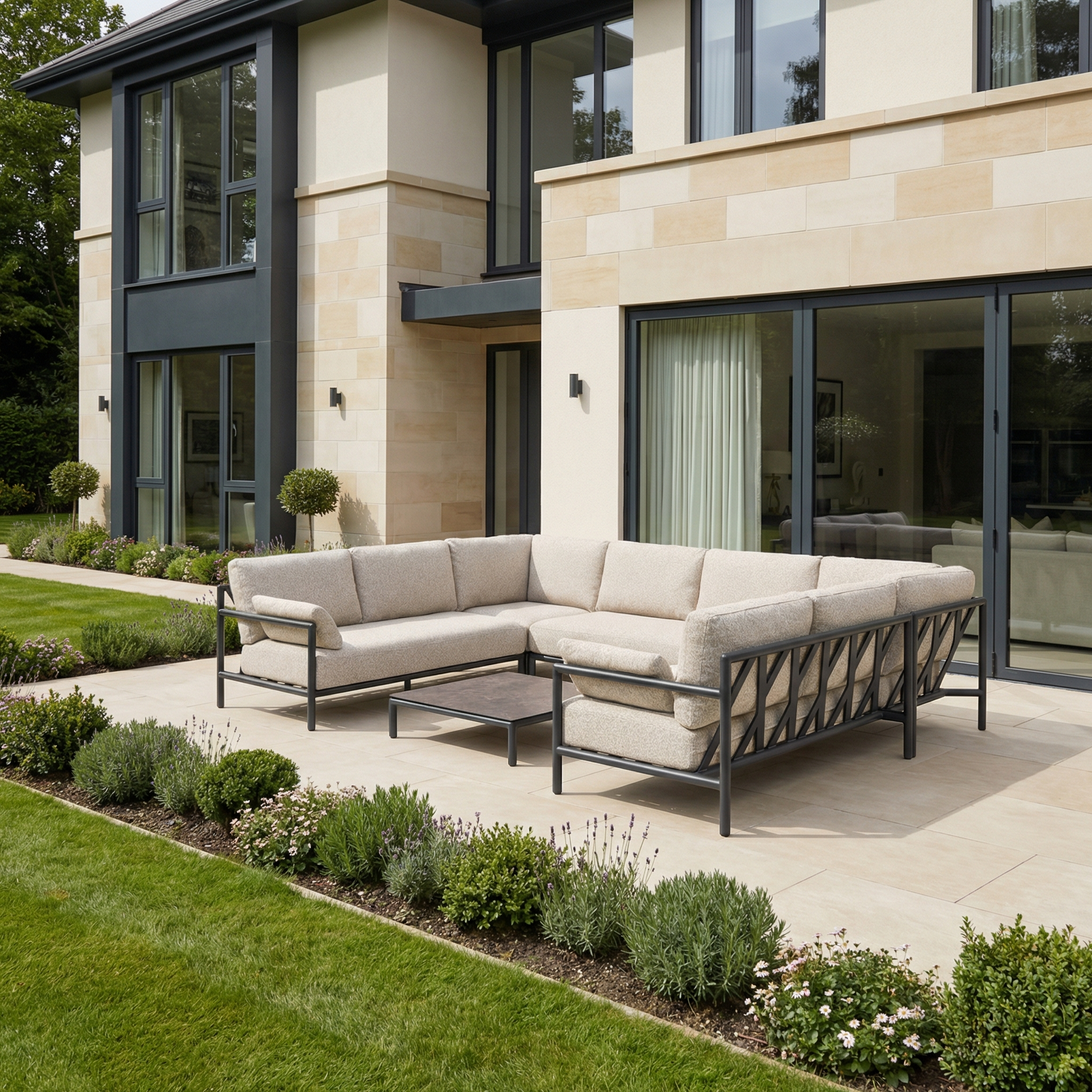 Modern patio featuring the Sorelli U Shape Corner Sofa Set in Truffle with weather-resistant cushions and a coffee table, perfect for outdoor entertaining in front of a contemporary house.