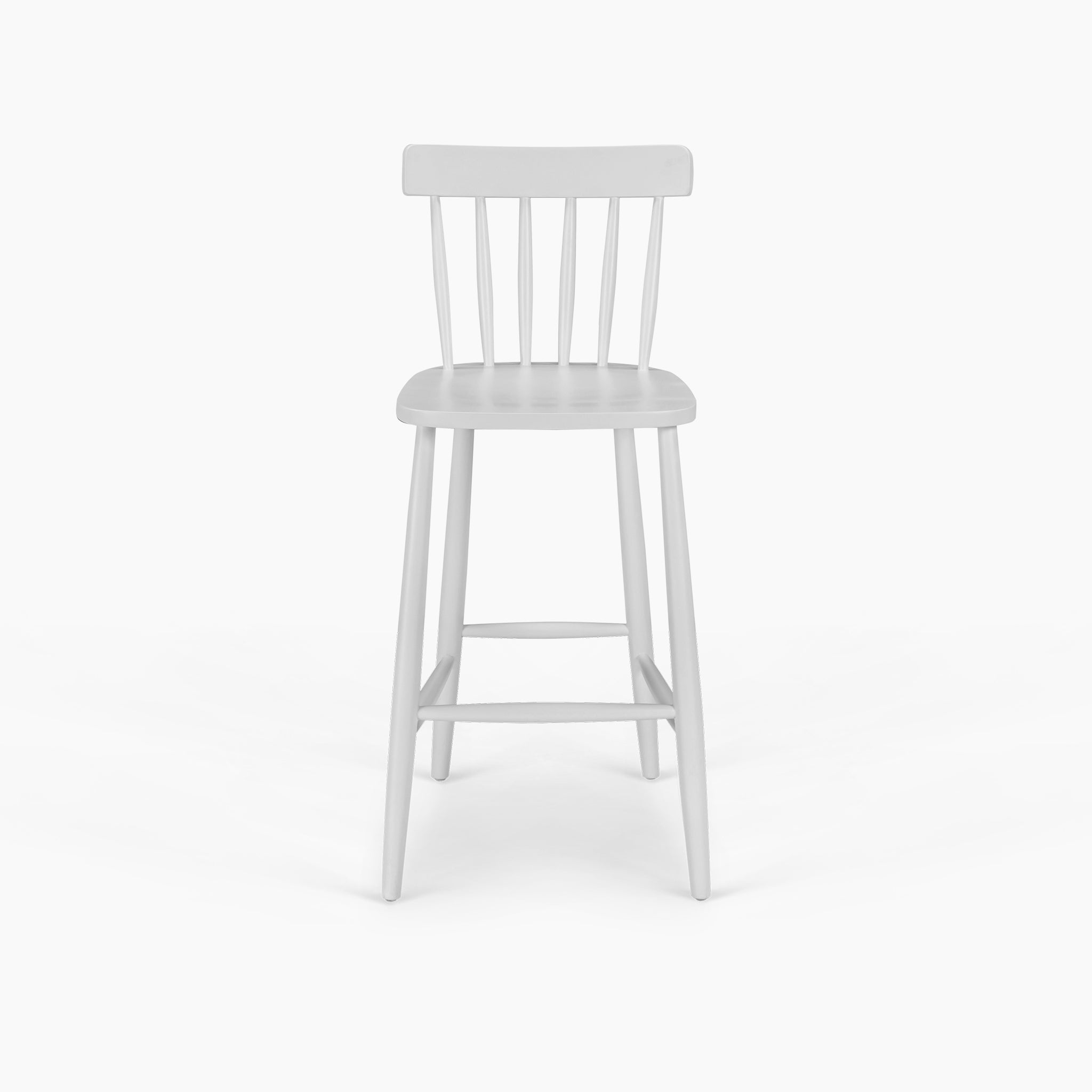 The Burford Spindleback Bar Stool in Warm White, featuring a classic slatted backrest and sturdy four-leg design, is photographed against a white background—ideal for adding style to your kitchen island seating.