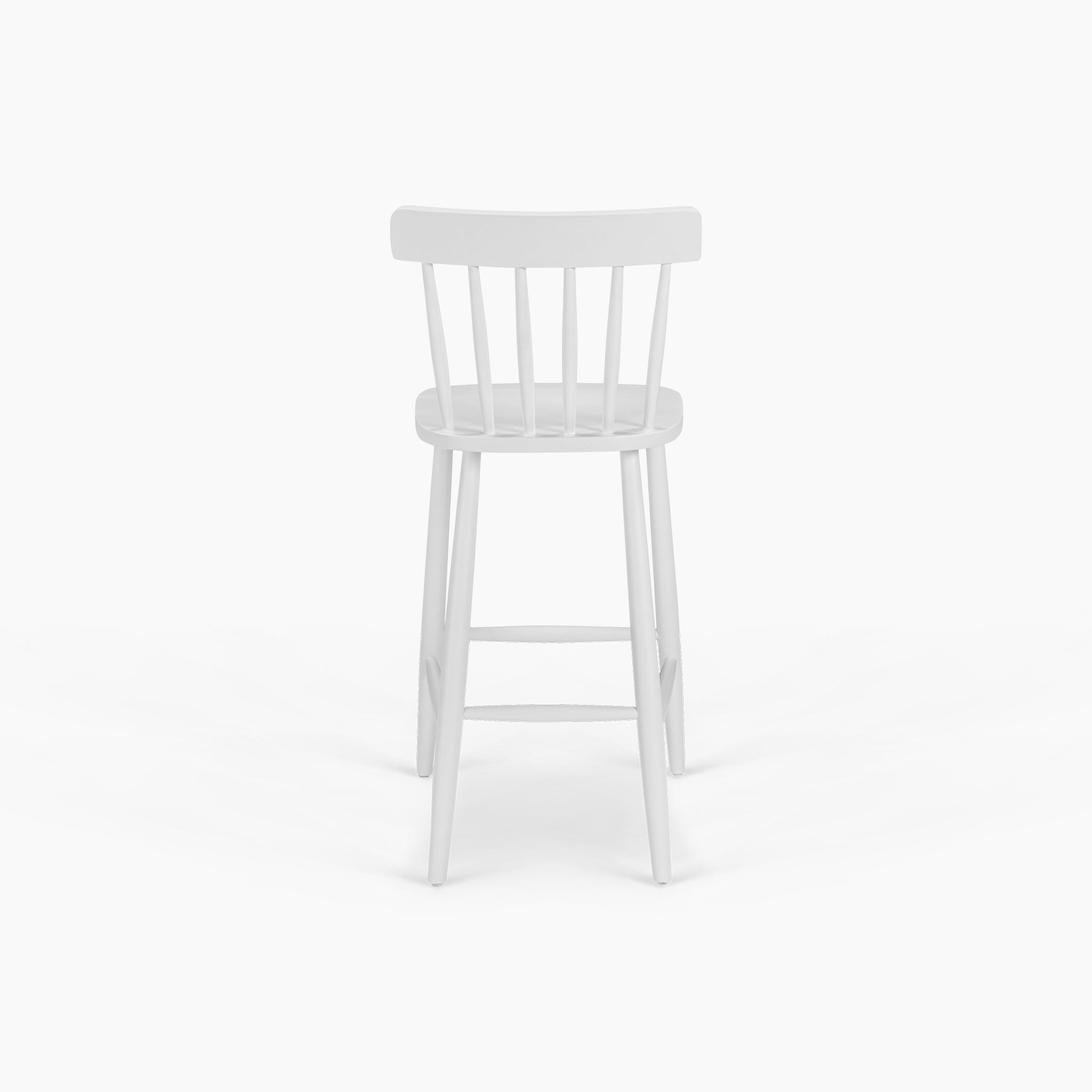 The Burford Spindleback Bar Stool in Warm White features a curved backrest with vertical slats, shown from the back against a white background—ideal for kitchen island seating.