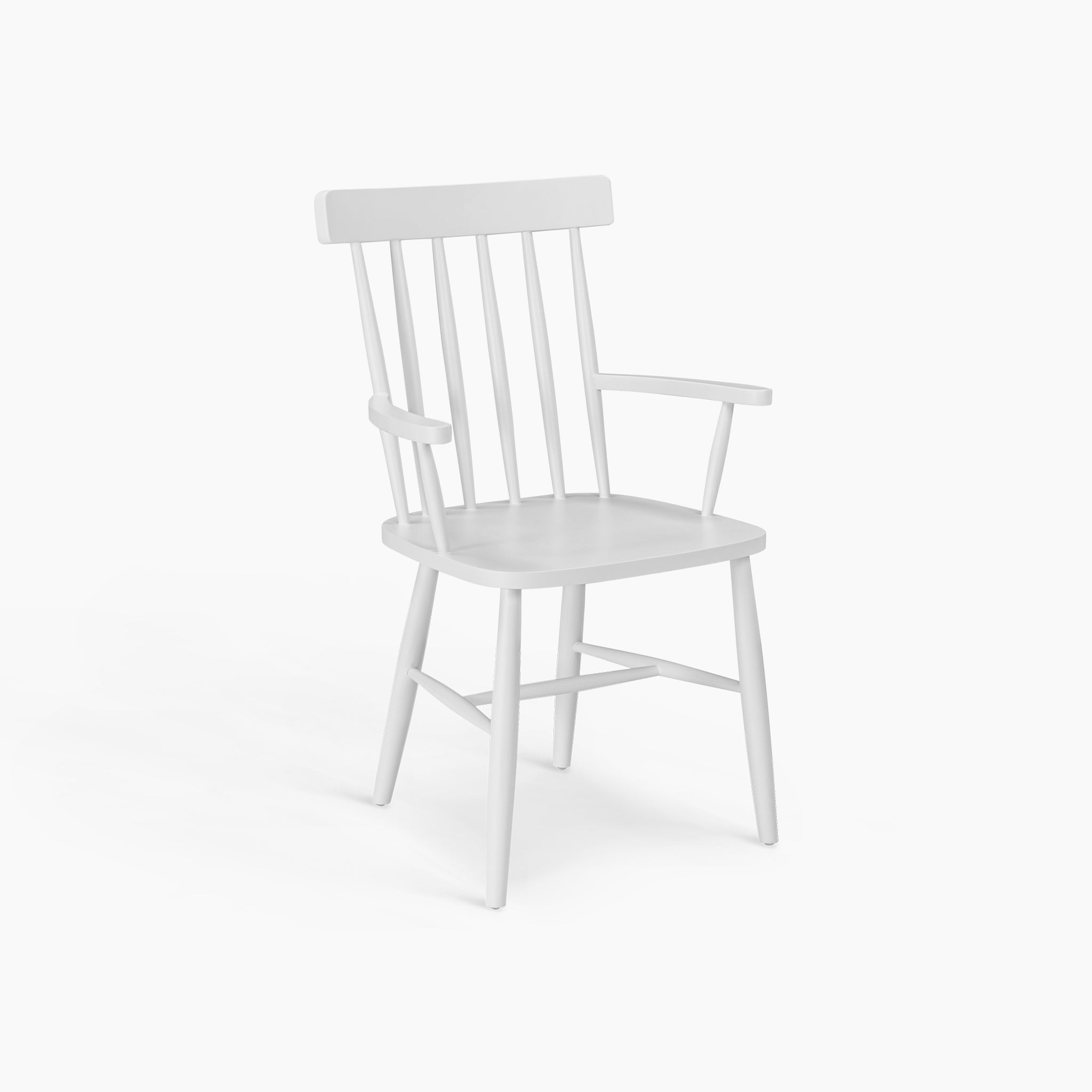 The Burford Spindleback Dining Chair with Armrest in Warm White is a wooden dining chair featuring a spindle backrest and slightly angled legs, ideal for modern interiors.
