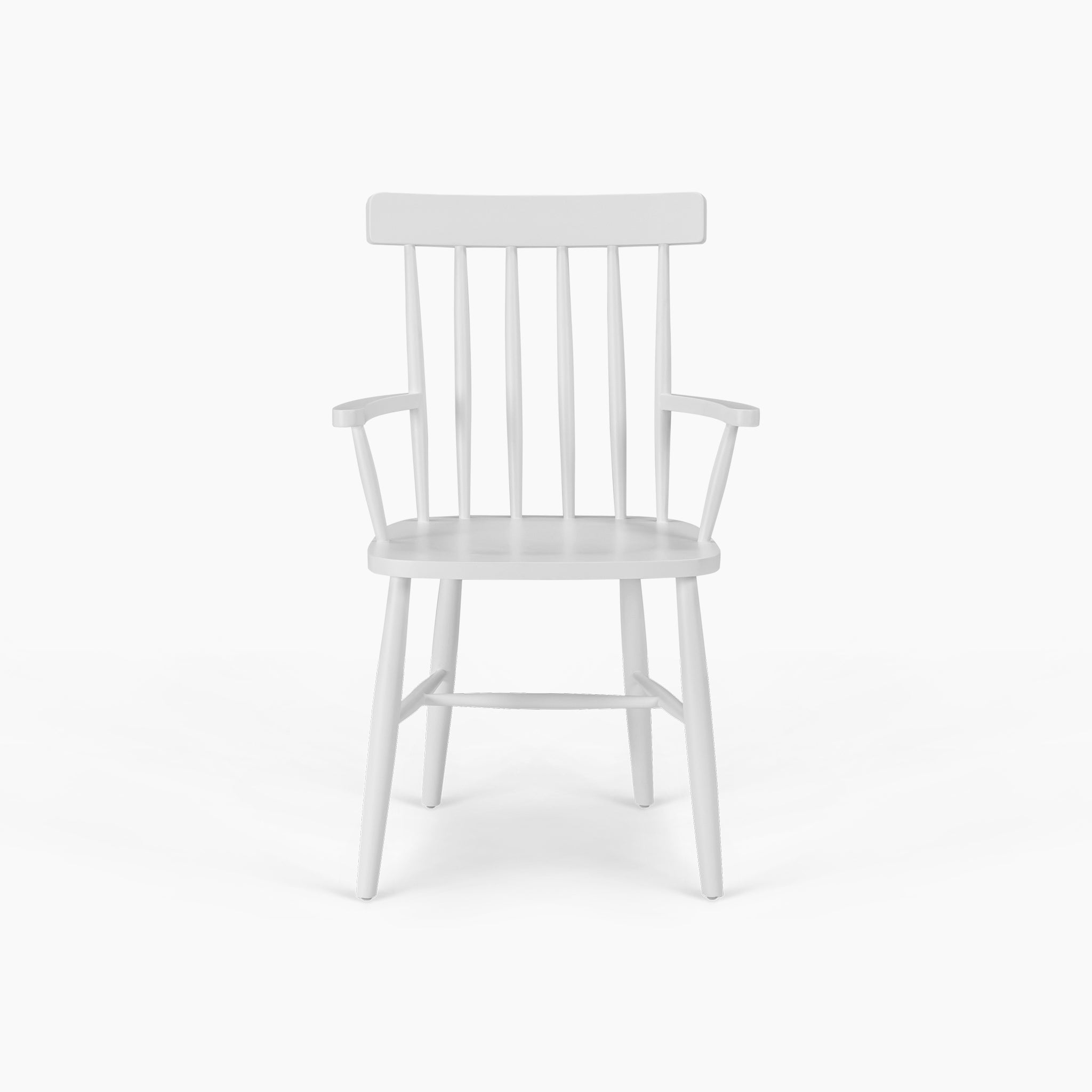 The Burford Spindleback Dining Chair with Armrest in Warm White features a spindle back, armrests, and slightly angled legs, shown against a plain white background.