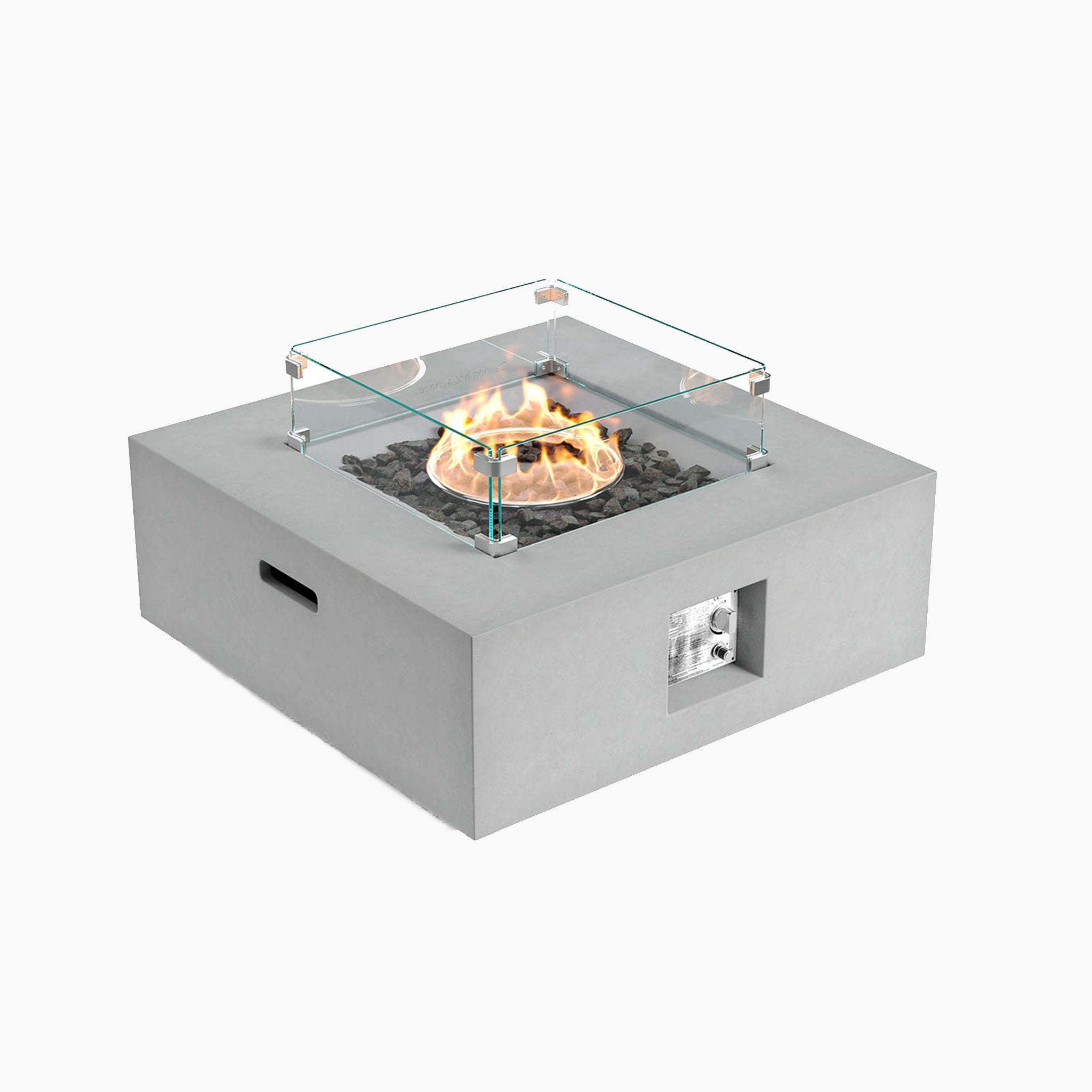 The Ember Square Firepit Coffee Table in Stone Grey features a modern gray concrete base and a glass wind guard, showcasing a vibrant flame on top. Crafted with Magnesium Oxide (MgO), it offers durability and elegance while delivering an impressive 12kW heat output.