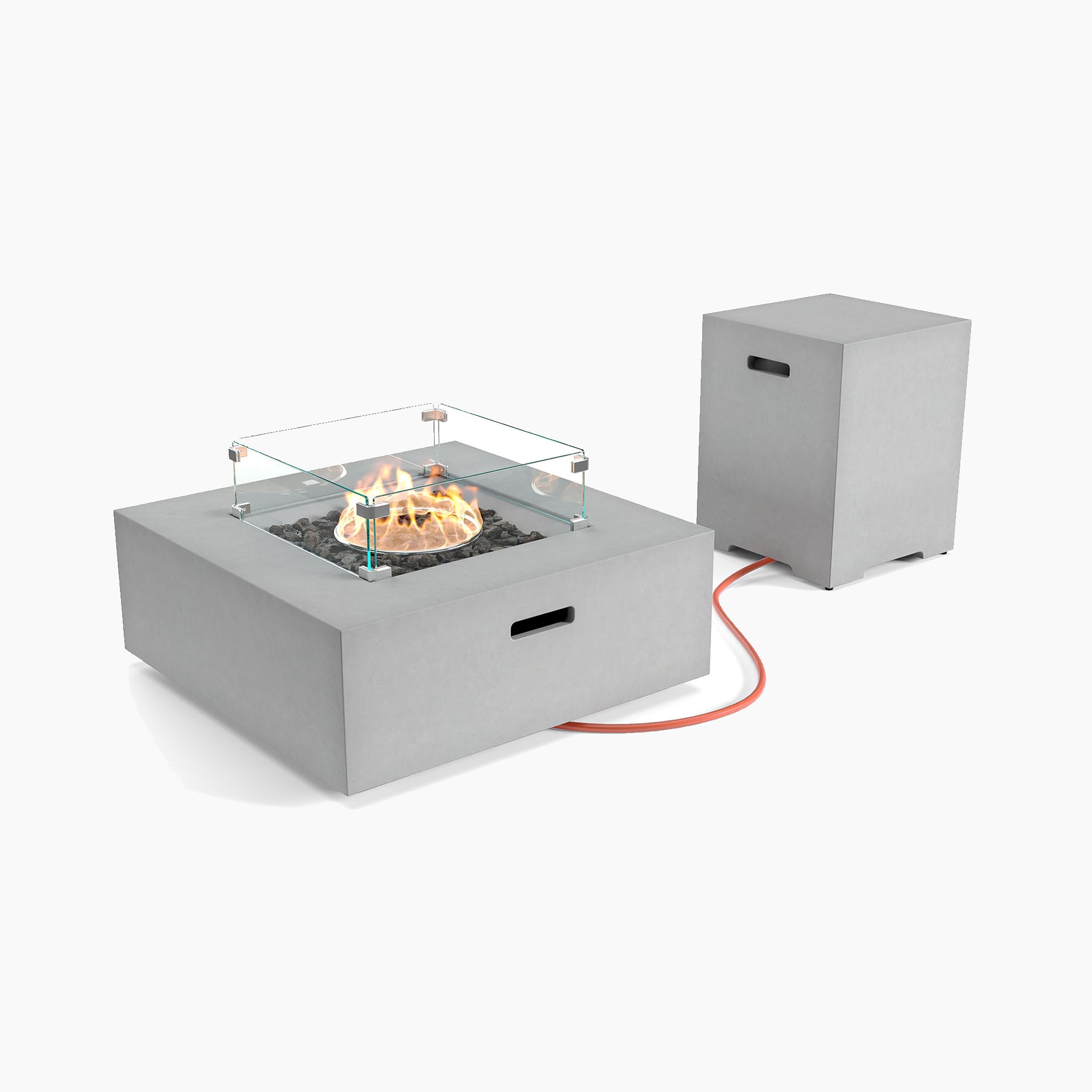 The Ember Square Firepit Coffee Table in Stone Grey with a glass shield features a 12kW heat output and is connected to a propane tank enclosure via an orange hose. Made from durable Magnesium Oxide (MgO), it combines style and functionality, making it the perfect outdoor centerpiece.