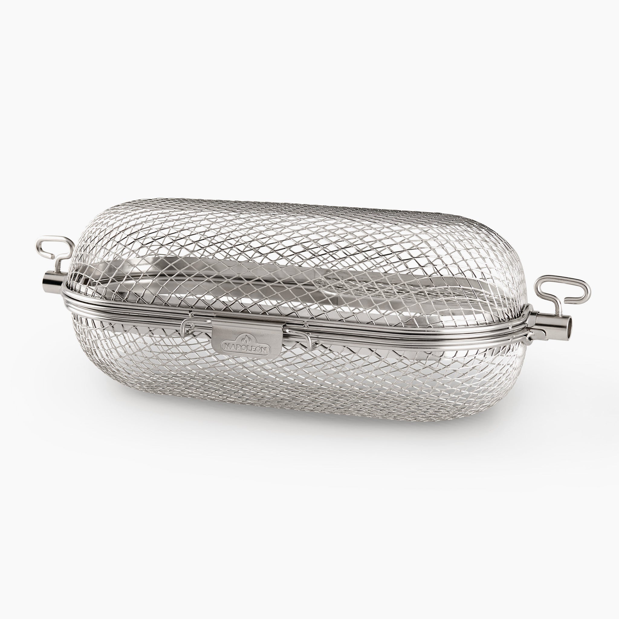 The Napoleon Stainless Steel Rotisserie Basket, designed with a latch and handles on both ends, is perfect for grilling or steaming food. This innovative stainless steel wire mesh cylinder ensures evenly cooked meals every time you grill.