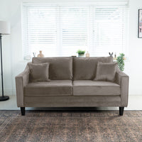 A Wiltshire 2 Seat Velvet Sofa in Mink, handcrafted in England from sustainable FSC-certified wood, adds elegance near a window with blinds. It sits alongside a lamp and lush plants, completed by two cozy cushions.