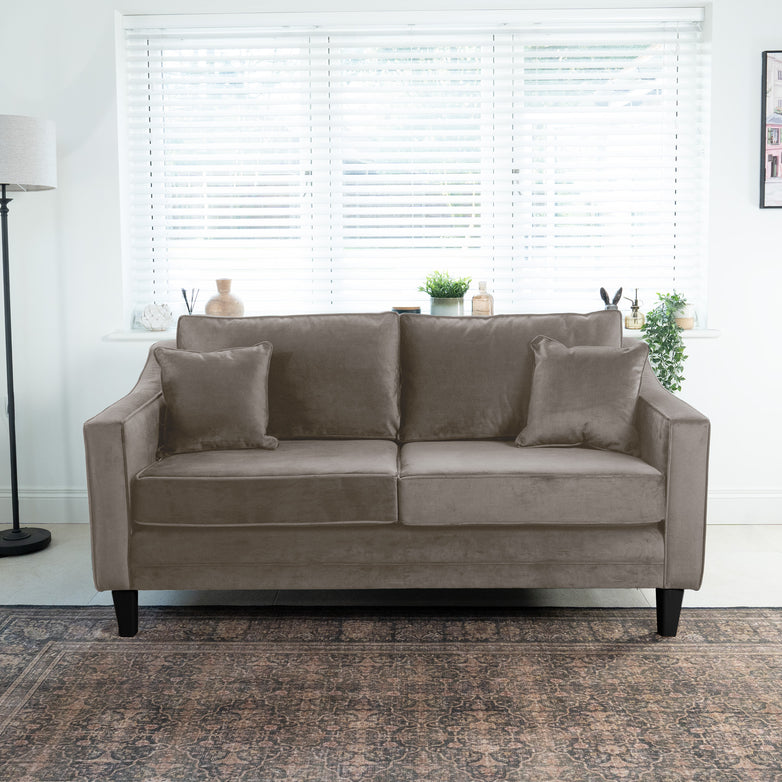 A Wiltshire 2 Seat Velvet Sofa in Mink, handcrafted in England from sustainable FSC-certified wood, adds elegance near a window with blinds. It sits alongside a lamp and lush plants, completed by two cozy cushions.