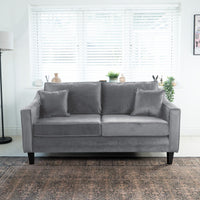 Wiltshire 2 Seat Velvet Sofa in Steel Grey with two cushions in a bright room, featuring a large window with blinds and potted plants on a shelf behind.