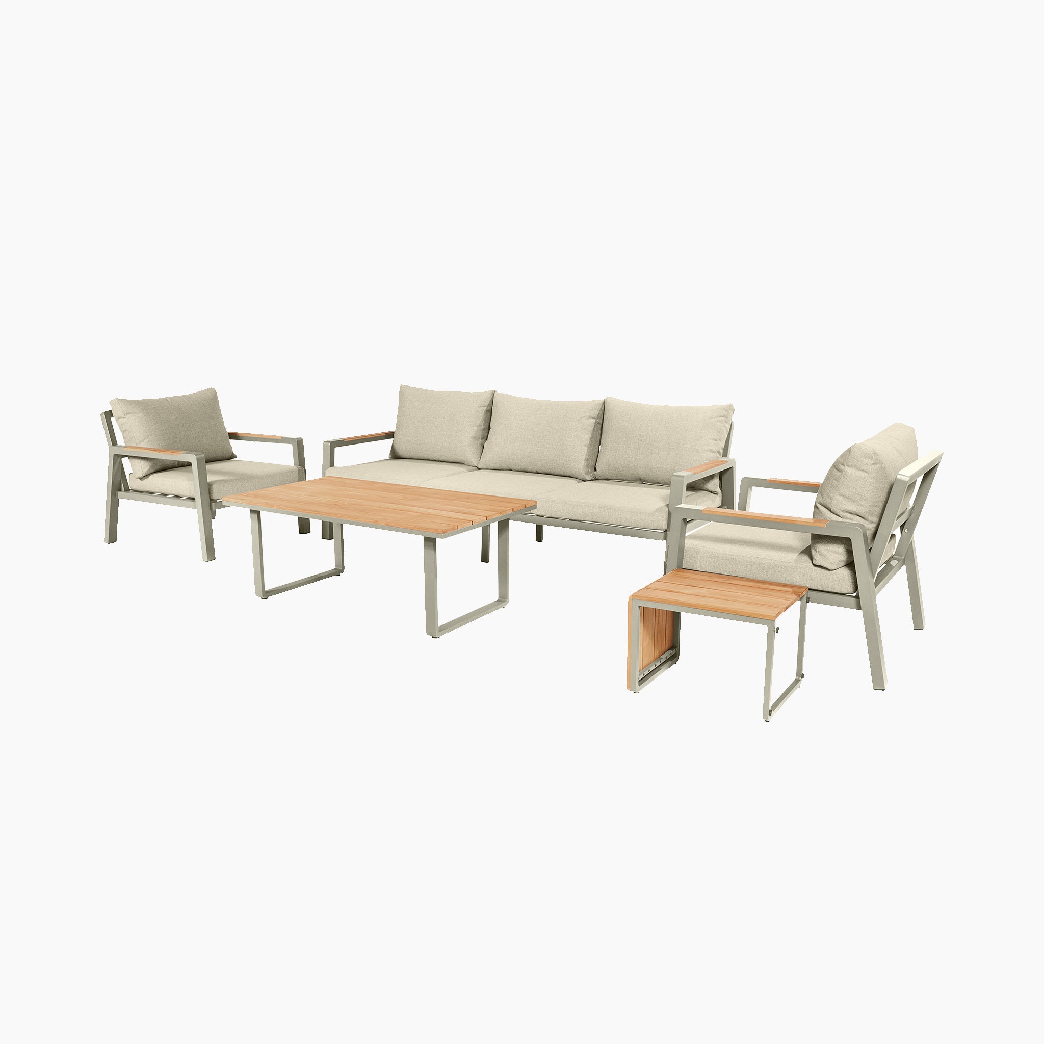The Pacific Lifestyle - Stockholm features a 3-seat lounge set including a weatherproof limestone sofa, two armchairs, a coffee table, and side table, exquisitely crafted from teak wood against an elegant white backdrop.