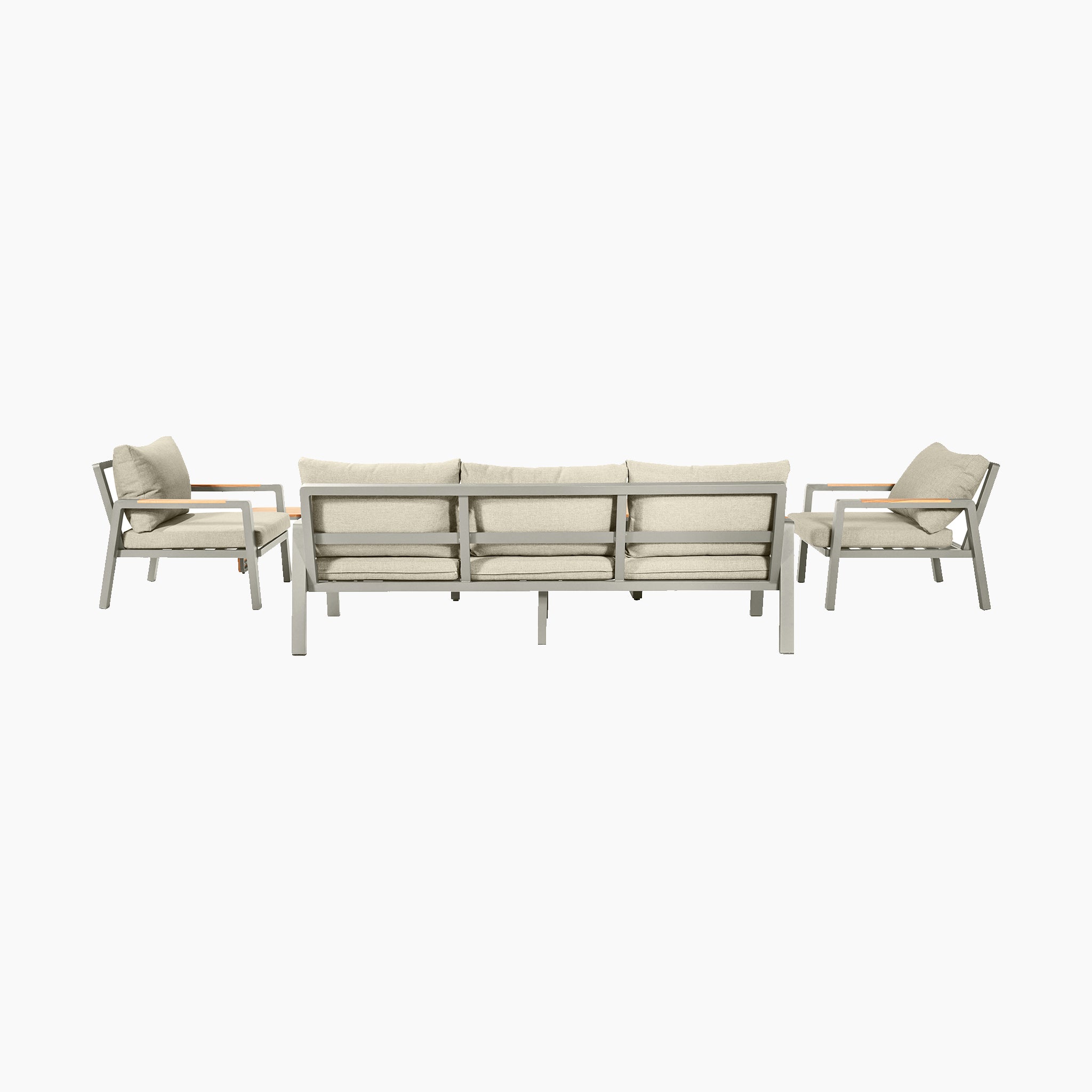 The Pacific Lifestyle Stockholm 3 Seat Sofa Set in Limestone is a minimalist outdoor lounge set with a three-seater and two armchairs, featuring light grey cushions and weatherproof metal frames.