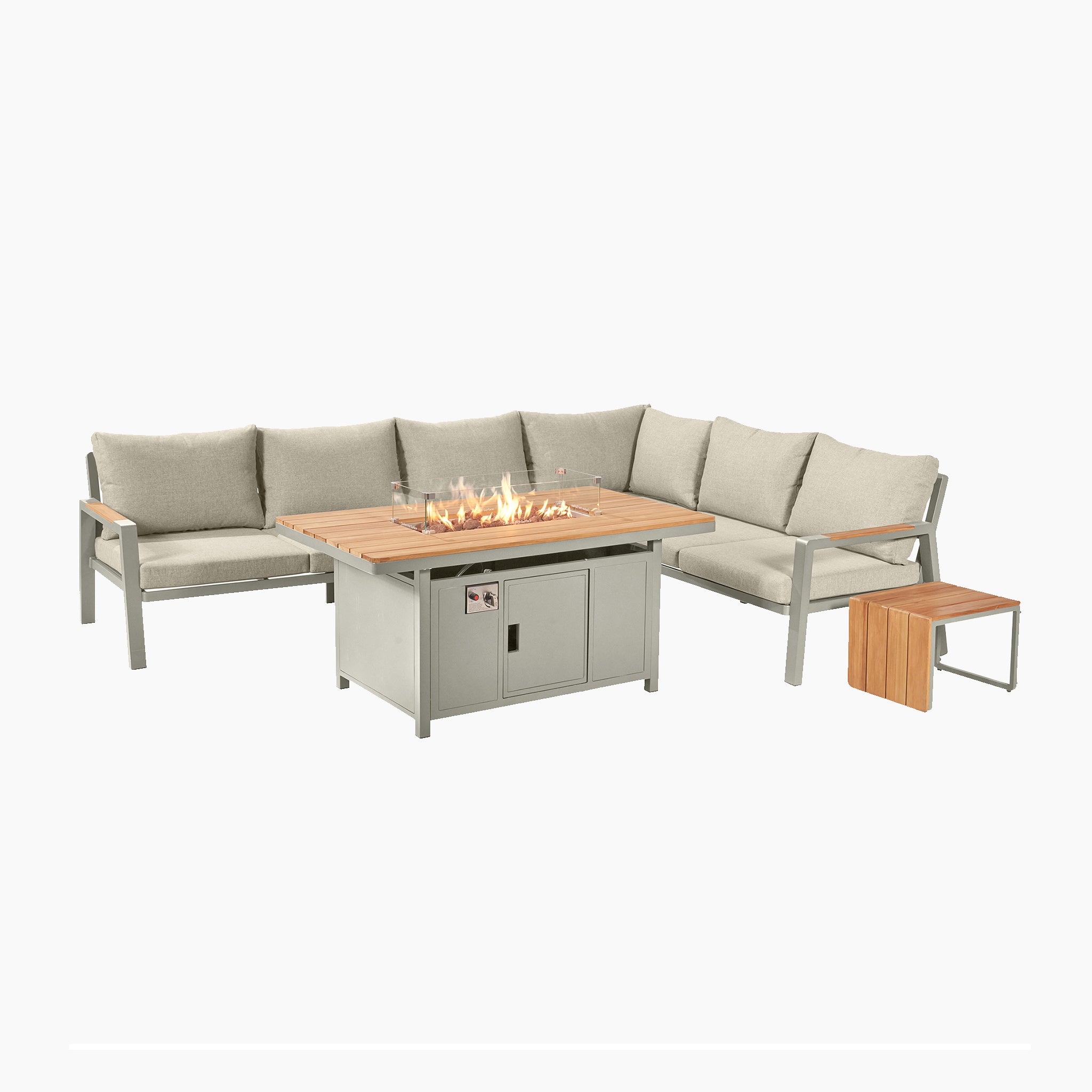 Stockholm Corner Dining Set with Firepit Table in Limestone