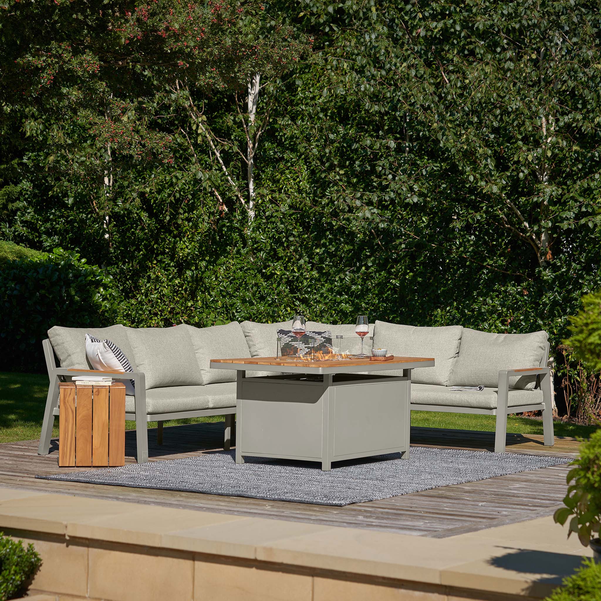 Stockholm Corner Dining Set with Firepit Table in Limestone