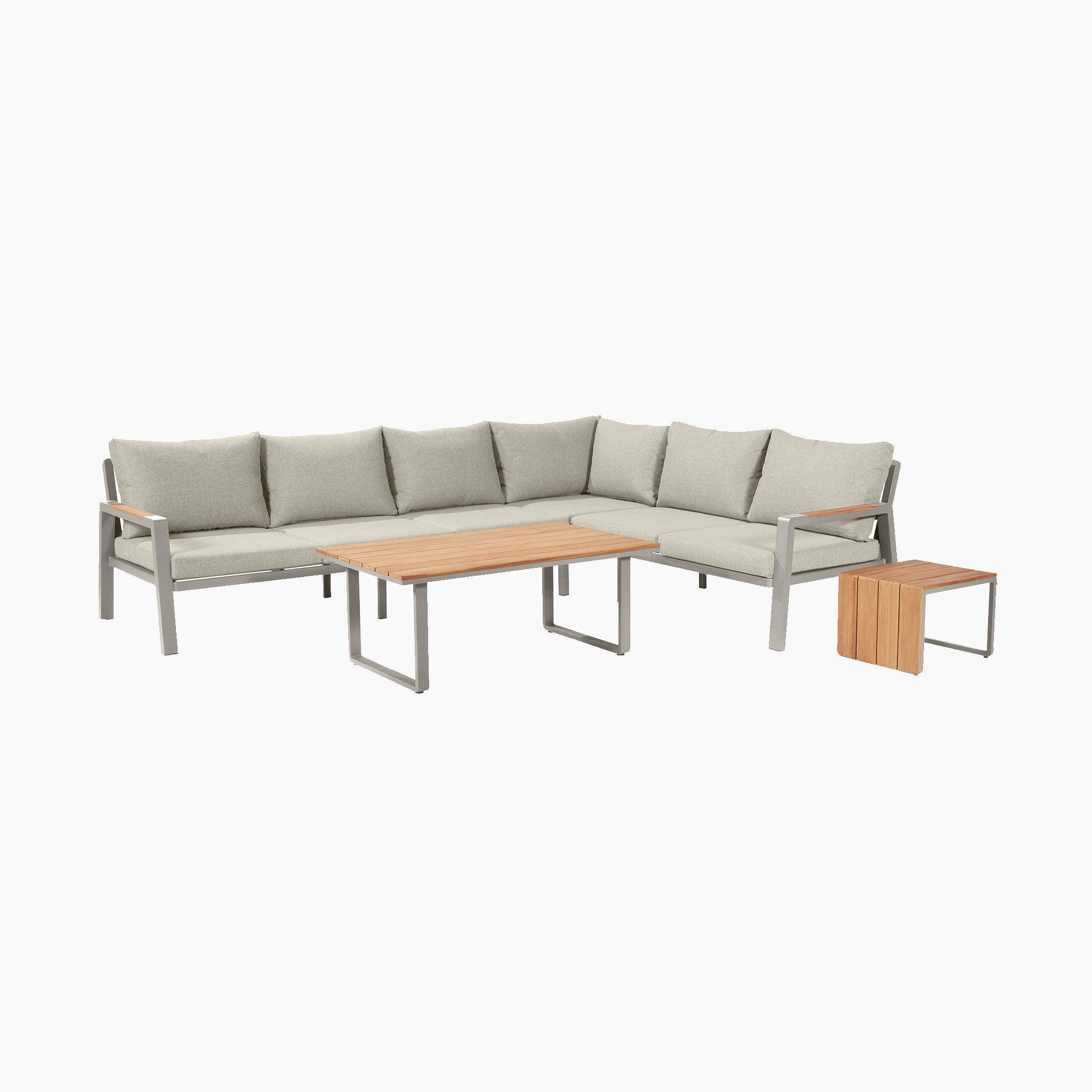 The Stockholm Corner Set in Limestone by Pacific Lifestyle features a beige L-shaped sectional sofa with cushions, complemented by a wooden coffee table and side table, enhanced with teak detailing, all set against a pristine white background.