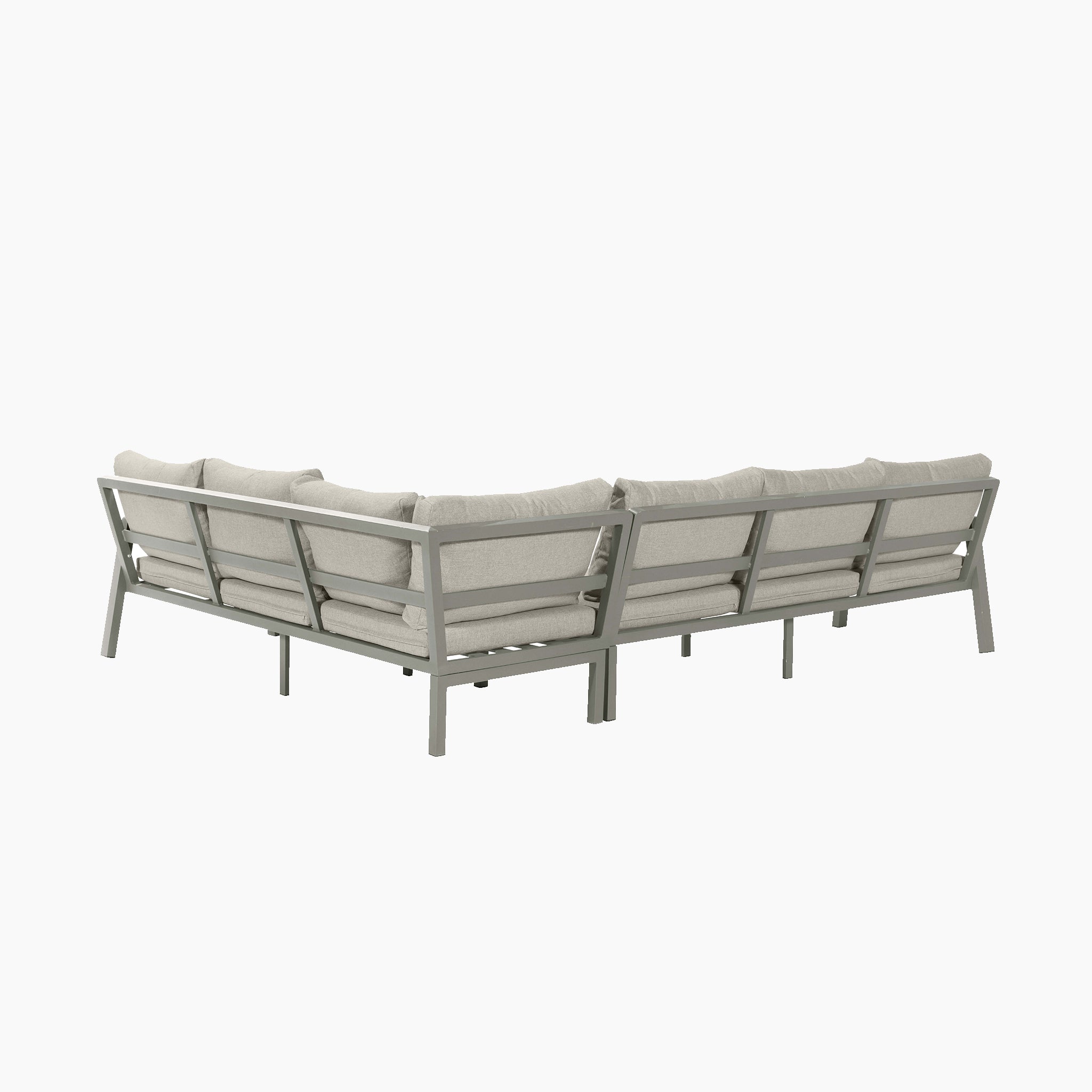Rear view of the Pacific Lifestyle - Stockholm Corner Set in Limestone, an L-shaped sectional sofa with cushions and elegant teak wood detailing, set against a plain white background.