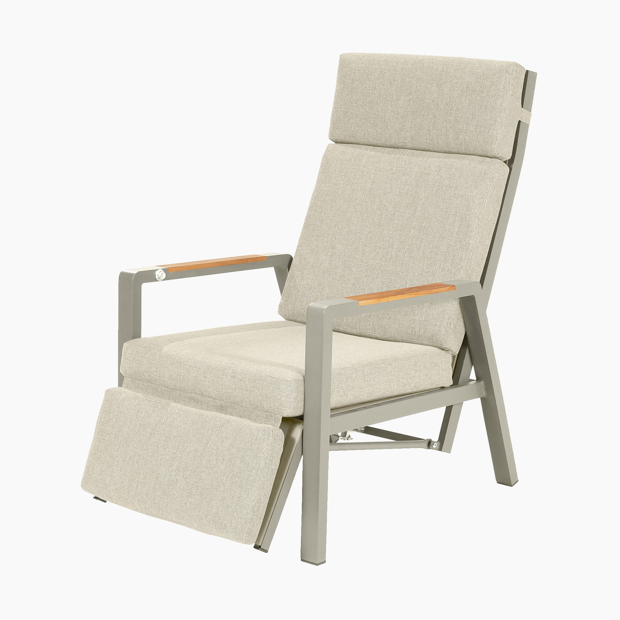 The Pacific Lifestyle Stockholm Lounge Reclining Set in Limestone includes a beige reclining chair with a metal frame, wooden armrests, and weatherproof cushions. Its padded backrest and footrest are ideal for garden lounging.