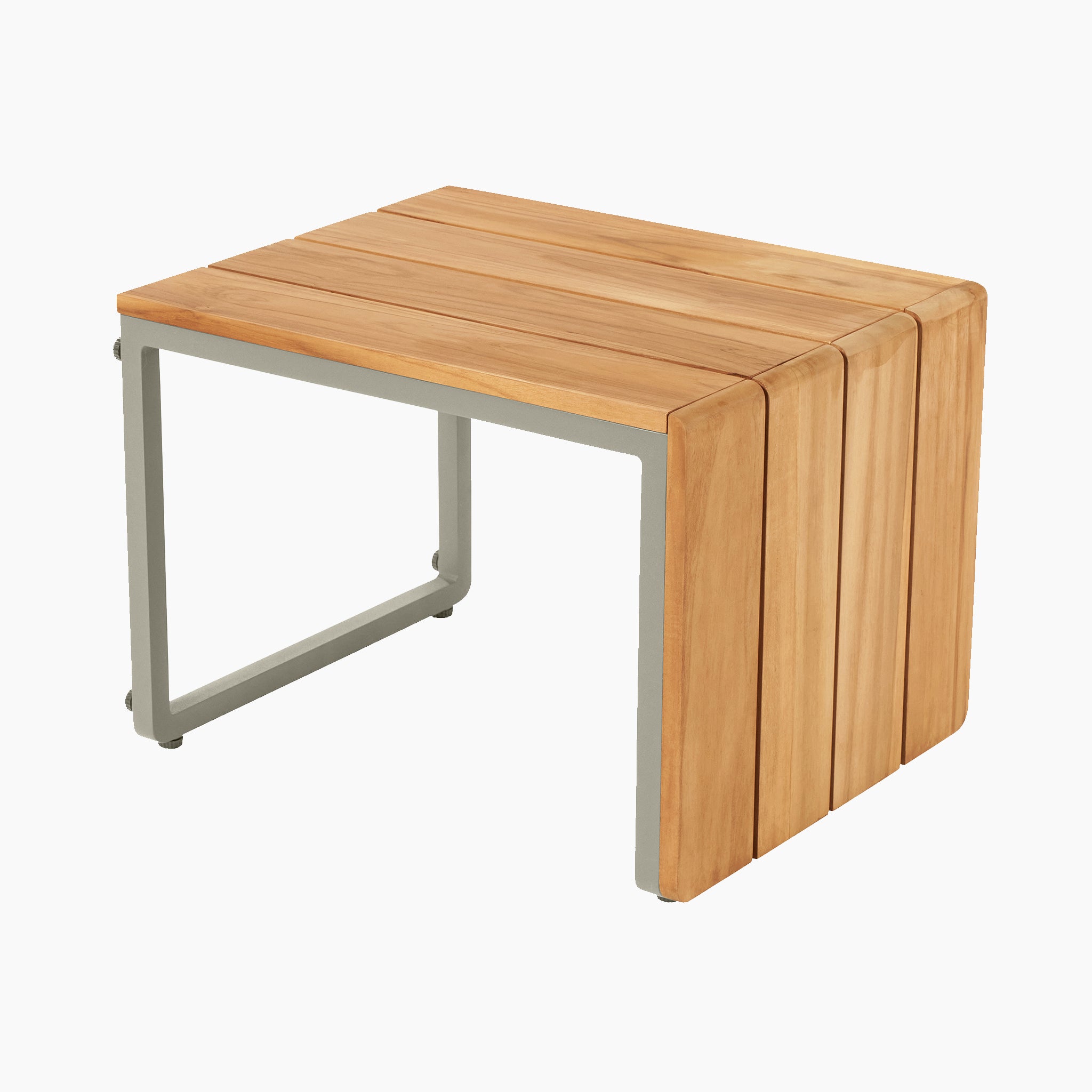 The Pacific Lifestyle Stockholm Lounge Reclining Set in Limestone includes a wooden and metal side table with a rectangular slatted design on a light gray metal frame, ideal for enhancing your garden lounging area. Pair it with weatherproof cushions for seamless outdoor elegance.