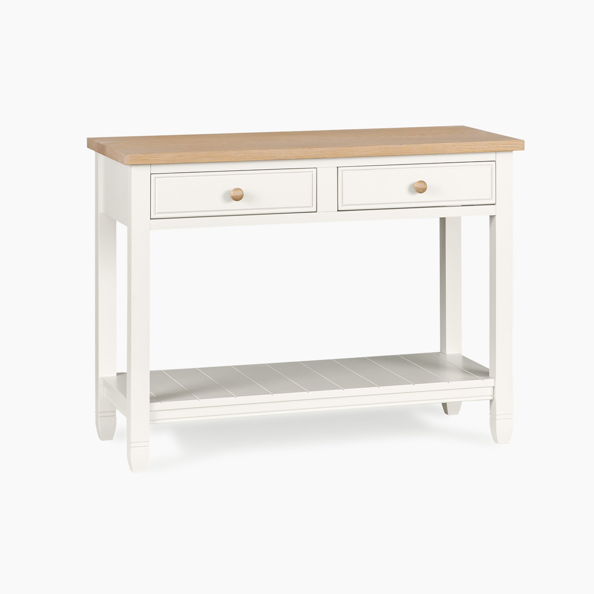 The Amberley 2 Drawers Console Table in Warm White features two drawers, a natural wood top, and a lower shelf, set against a plain background.