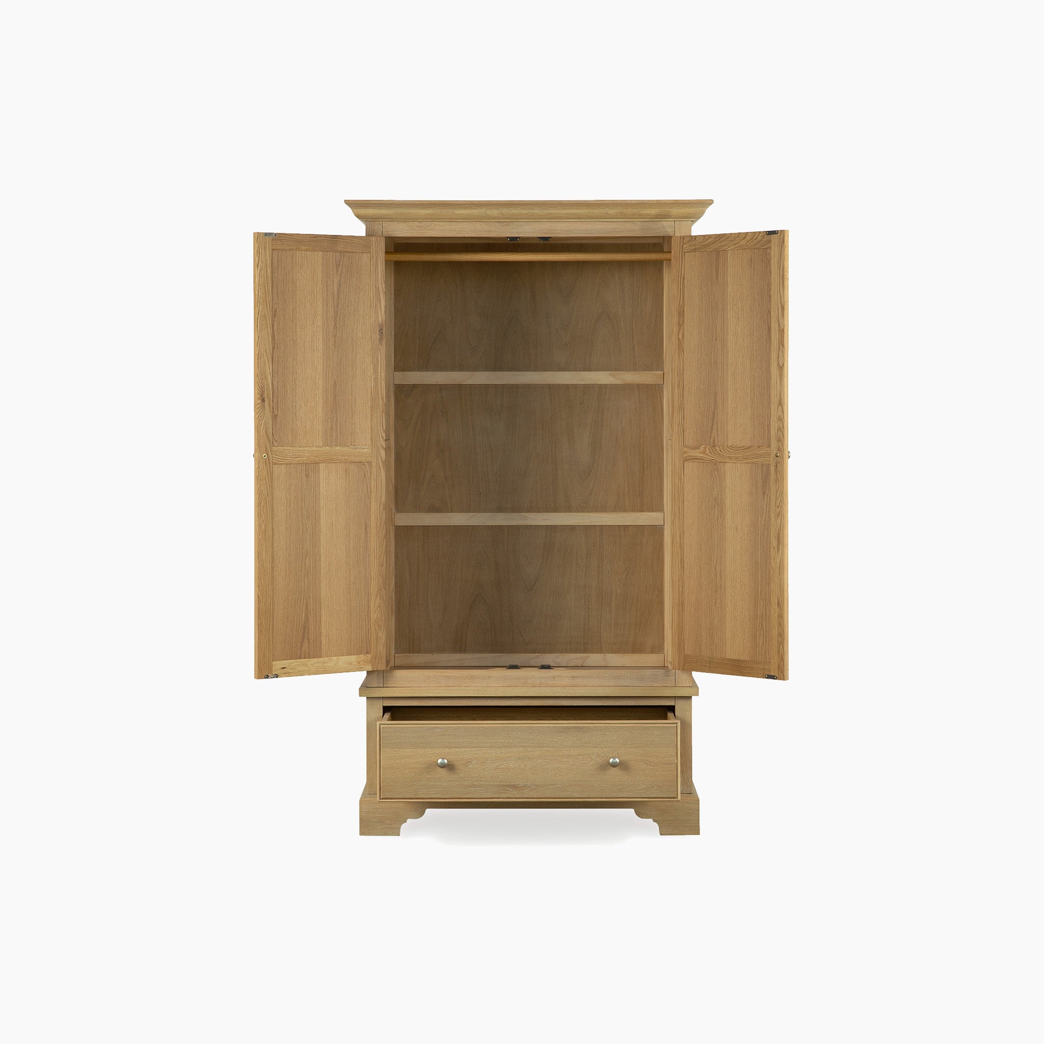 The Amberley Double Wardrobe in Light Oak features two open doors, two internal shelves, and a bottom drawer, all set against a white background.