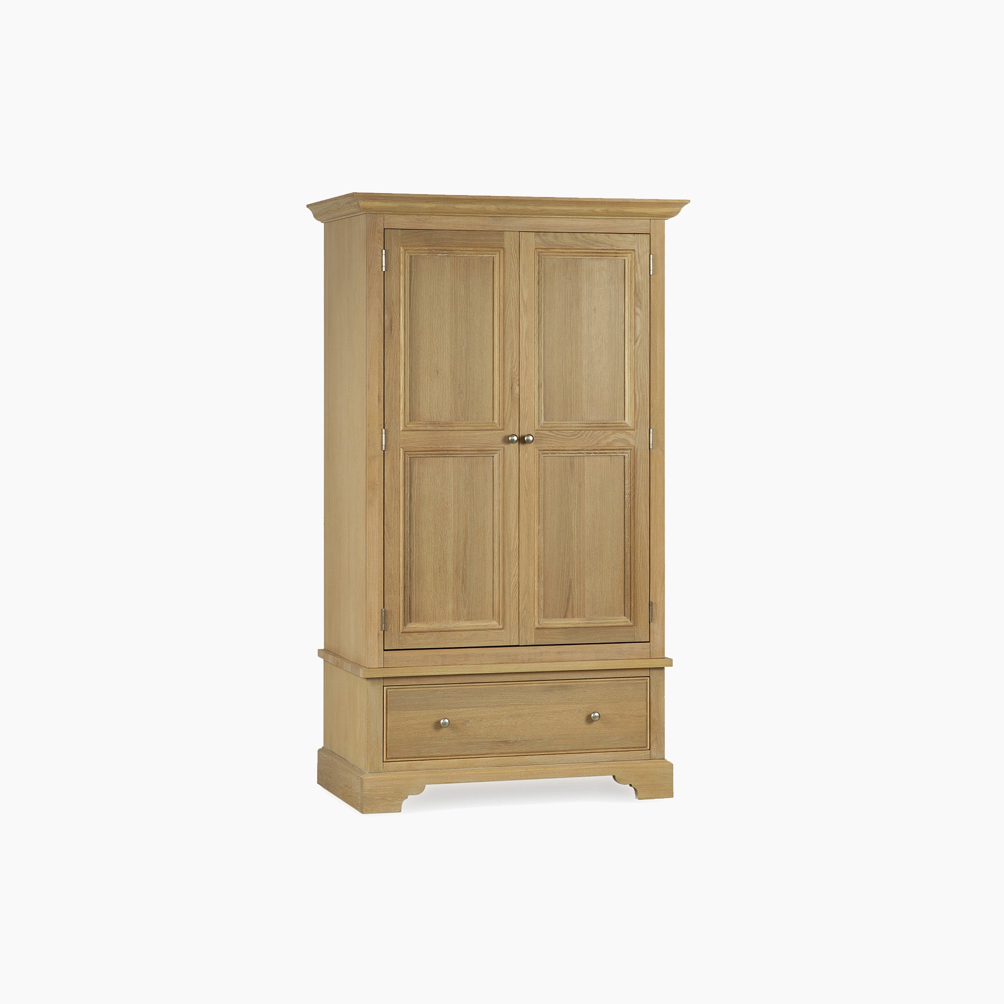 The Amberley Double Wardrobe in Light Oak features two paneled doors and a roomy bottom drawer, making it an elegant solid oak addition to any bedroom. Photographed against a plain white background.